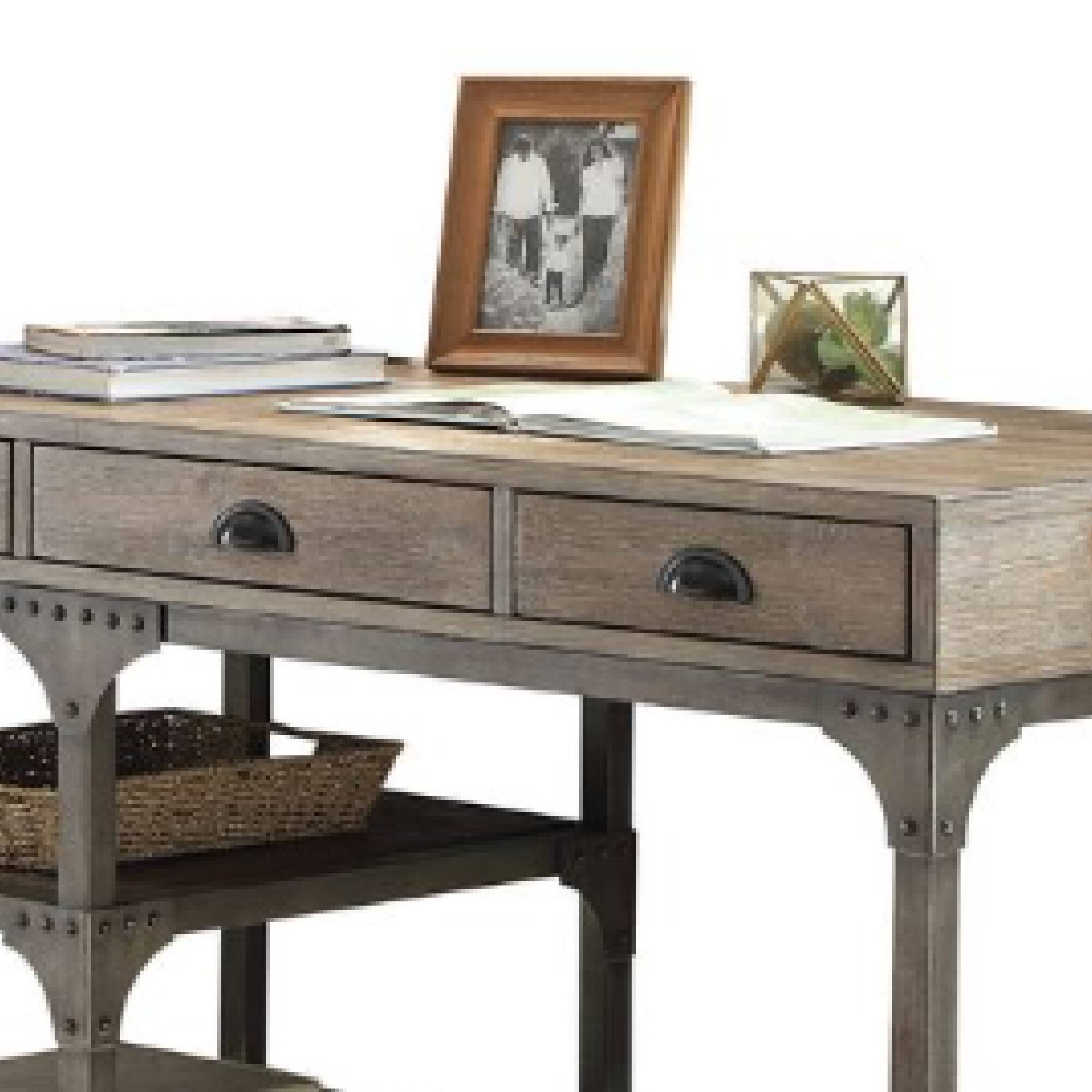 Alt View 1. GOODSILO - Weathered Oak Finish Antique Silver Metal Writing Desk with Three Drawers and Open Shelves - Oak.