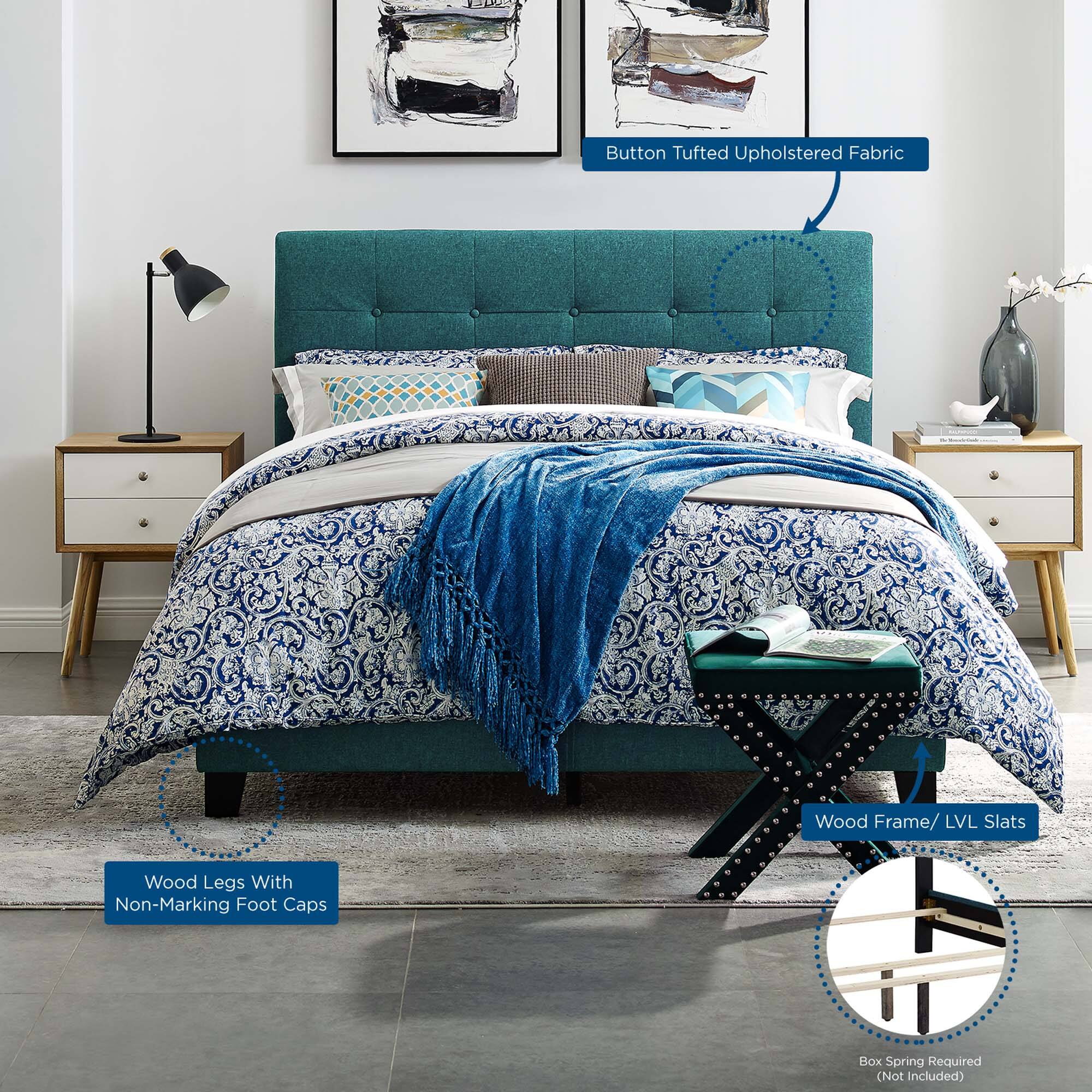 Button Tufted Upholstered Fabric  
Wood Frame/ LVL Slats  
Wood Legs With Non-Marking Foot Caps  
Box Spring Required (Not Included)
