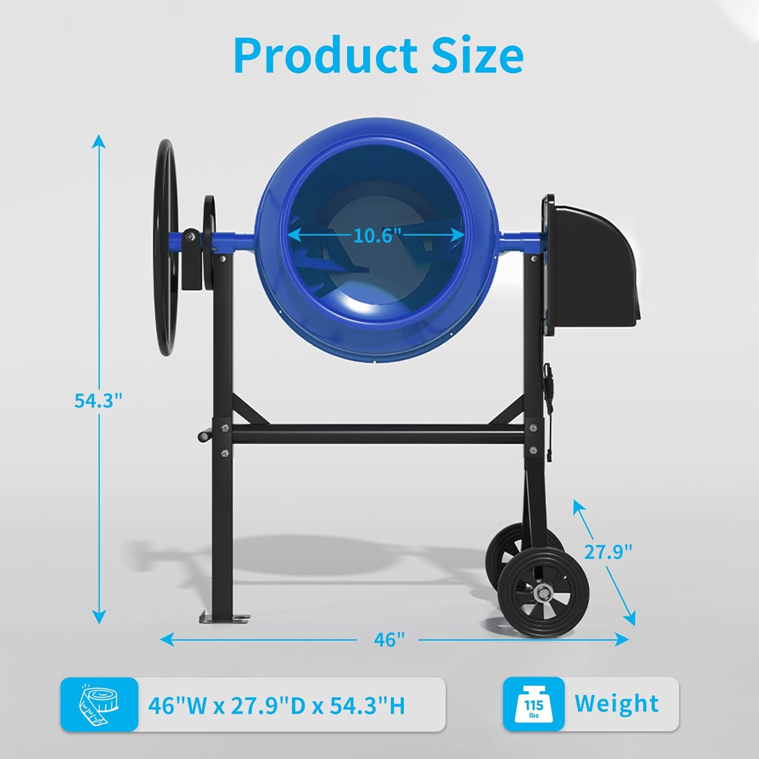 Product Size

- Diameter: 10.6"
- Height: 54.3"
- Width: 46"
- Depth: 27.9"

Dimensions: 46"W x 27.9"D x 54.3"H

Weight: 115 lbs