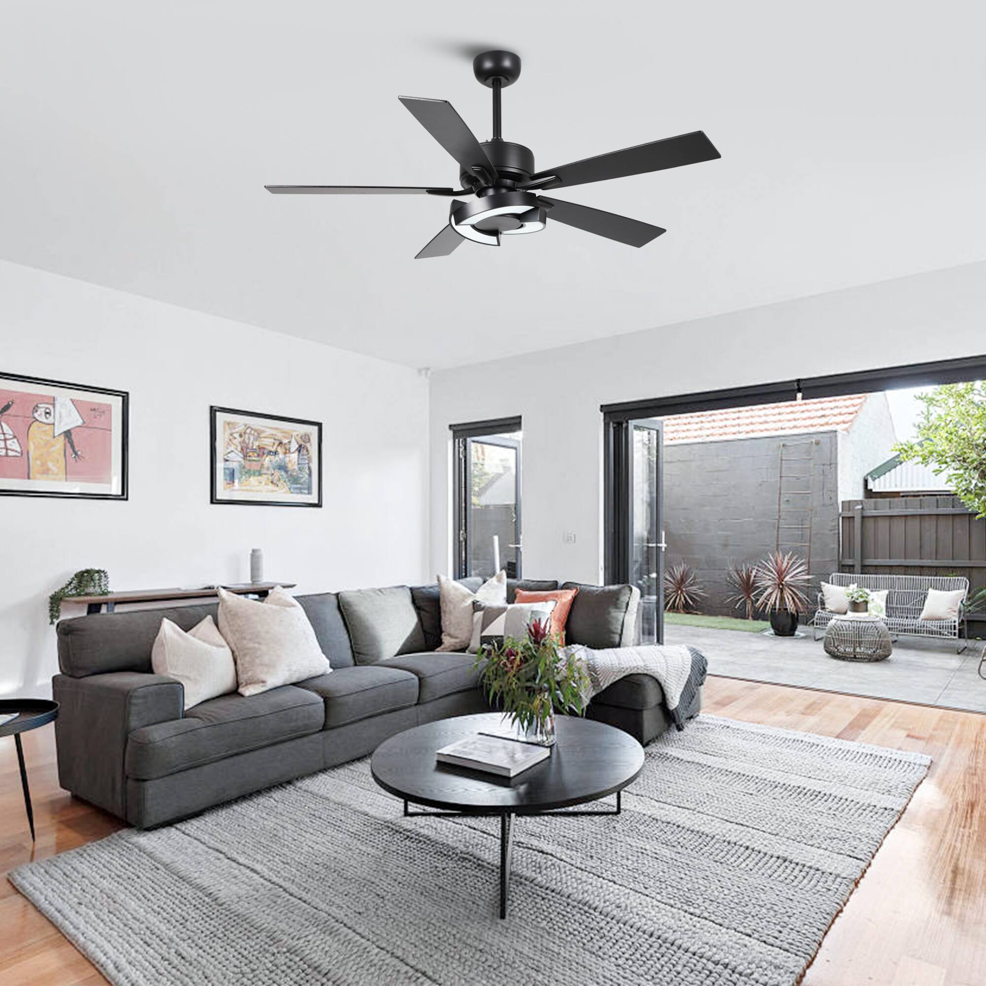 Angle. Parrot Uncle - 52" Black Wooden 5-Blade Dimmable Modern Ceiling Fan with Light and Remote - Black.