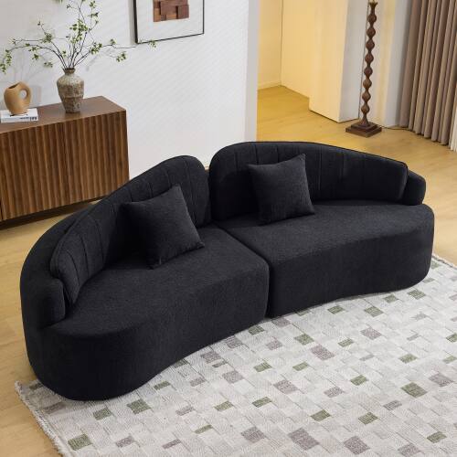 Left. Anysun - Curved 4-Seat Compressed Chenille Sofa - Long-Lasting Support, Removable Backrest, Retro Style for Small Spaces - Black.