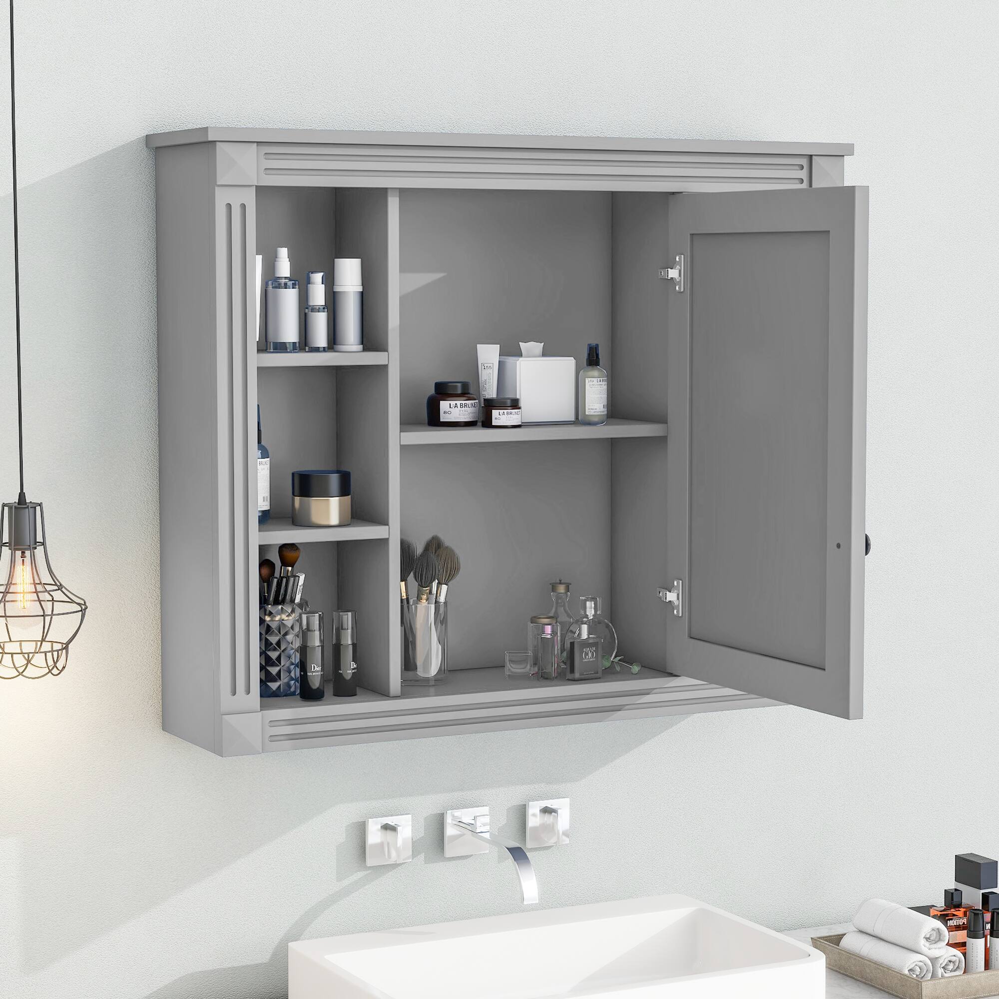 Alt View 2. SlickBlue - Wall-Mounted Medicine Cabinet with Mirror and Open Shelving Design - Grey.