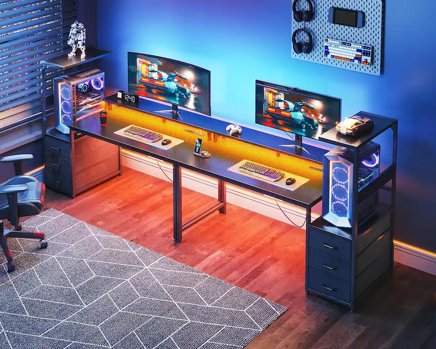 AODK Reversible Gaming Desk with LED Lights,Charging Station,Fabric ...