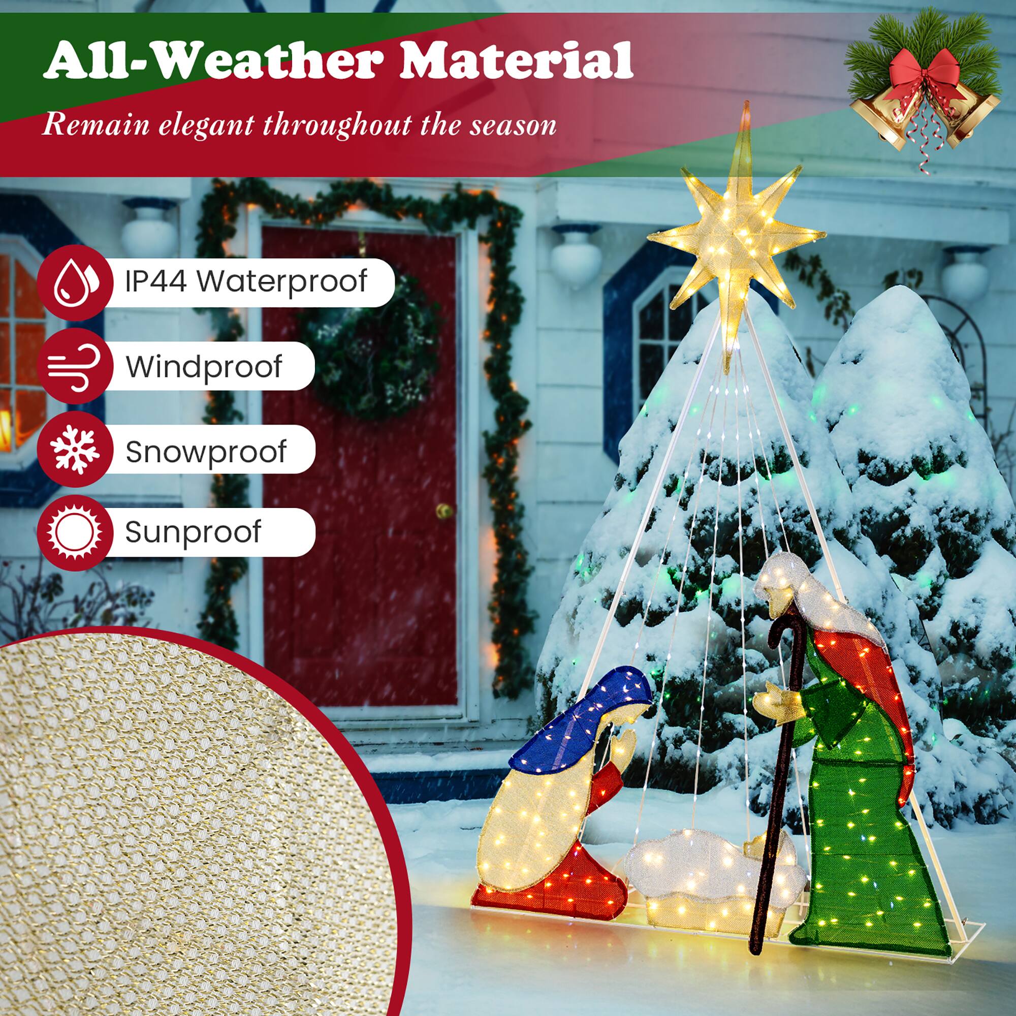 All-Weather Material  
Remain elegant throughout the season  

IP44 Waterproof  
Windproof  
Snowproof  
Sunproof