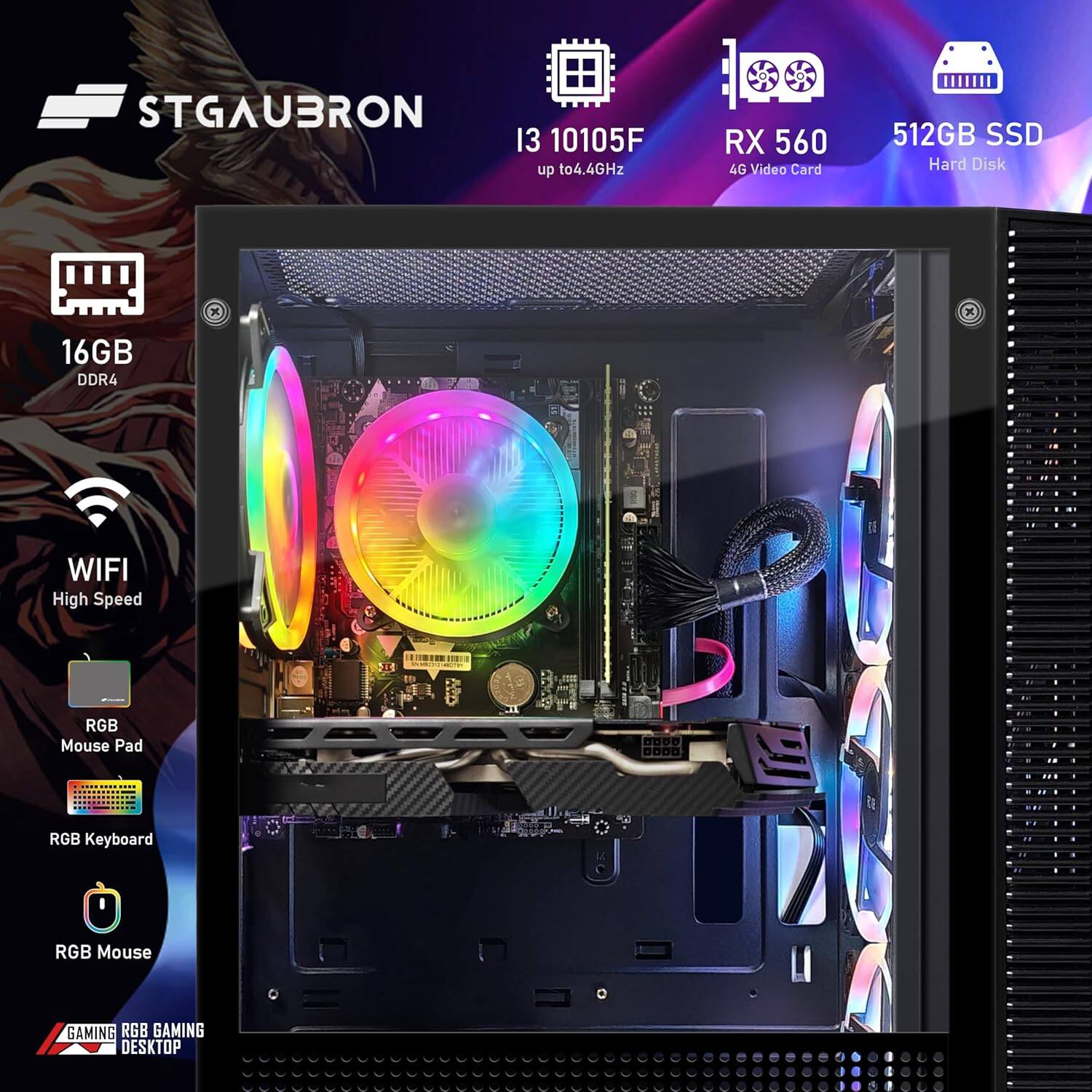 STGAUBRON 13 10105F up to 4.4GHz RX 560 4G Video Card 512GB SSD Hard Disk 16GB DDR4 WIFI High Speed RGB Mouse Pad RGB Keyboard RGB Mouse GAMING RGB GAMING DESKTOP