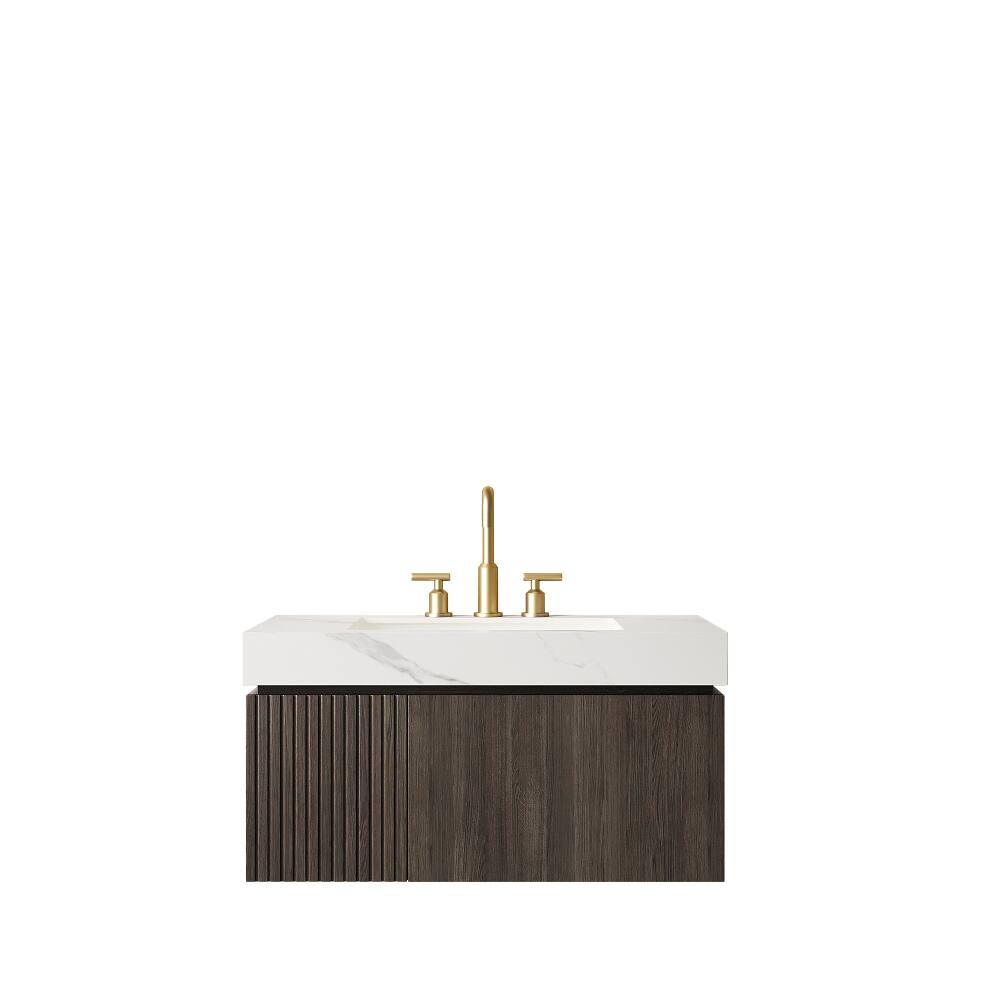 Left. JUJABU - 36" Floating Bathroom Vanity & Sink, Carrara White Sintered Stone Top & Ceramic Basin - Carrara White.