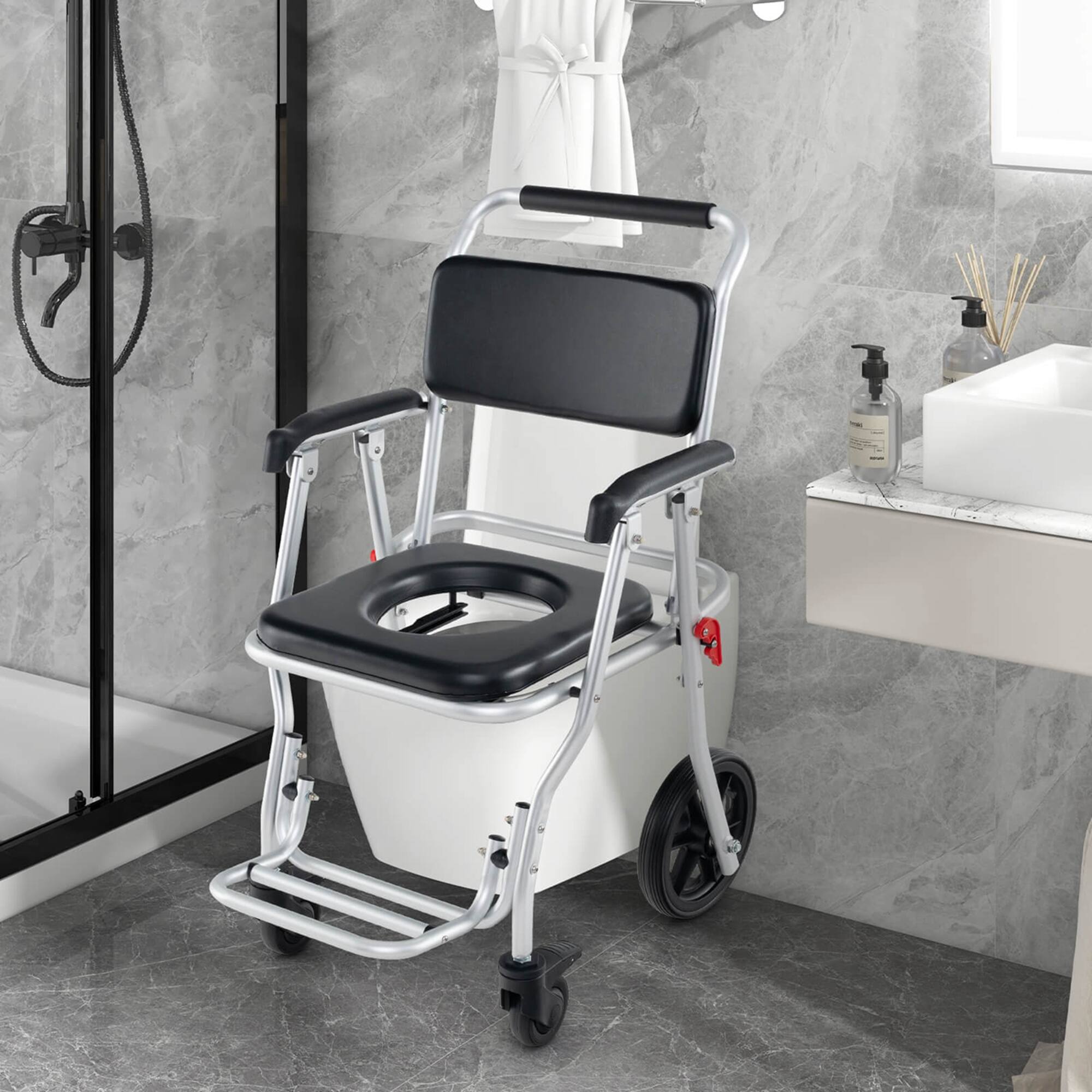 Alt View 1. Costway - Costway 4-in-1 Bedside Commode Chair with Brakes, Bucket Footrest Padded Seat & Backrest - Black+ Silver.