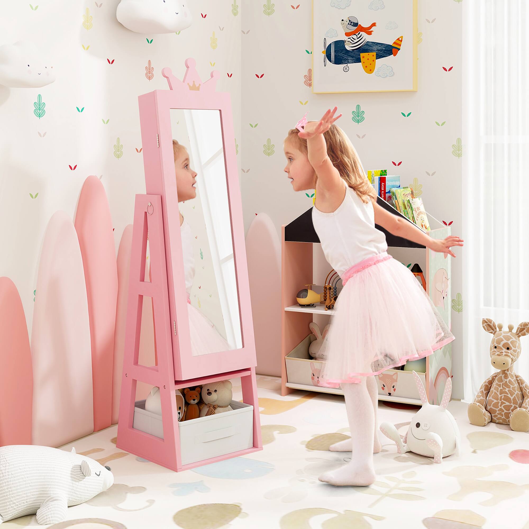 Alt View 3. Gymax - Gymax Kids Jewelry Cabinet w/ Full-Length Mirror Foldable Drawer Anti-toppling System - Pink.