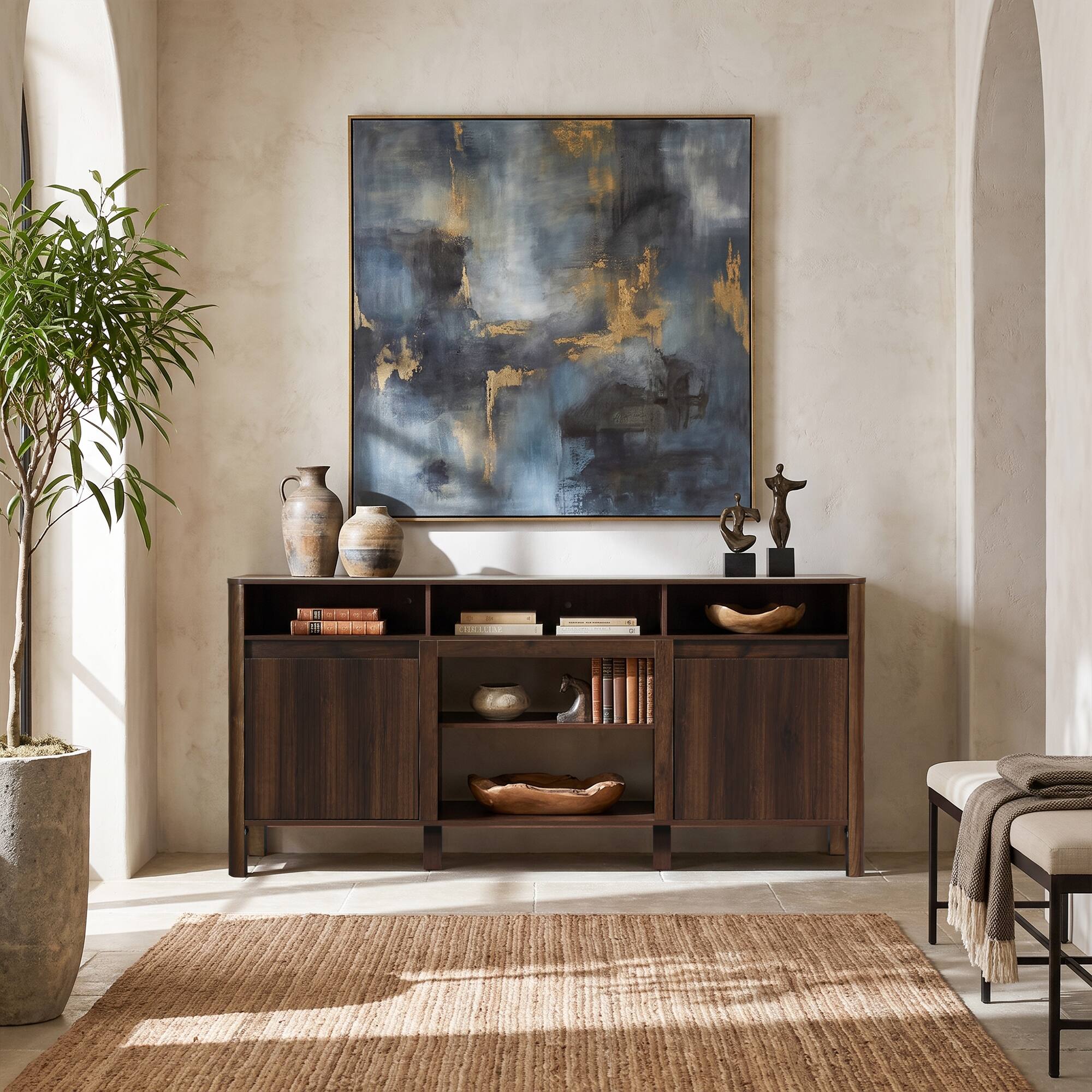 Left. Ihomeadore - 68" Modern Minimalist Fluted TV Stand Entertainment Center with Open Storage Shelves for TVs up to 75" - Dark brown.