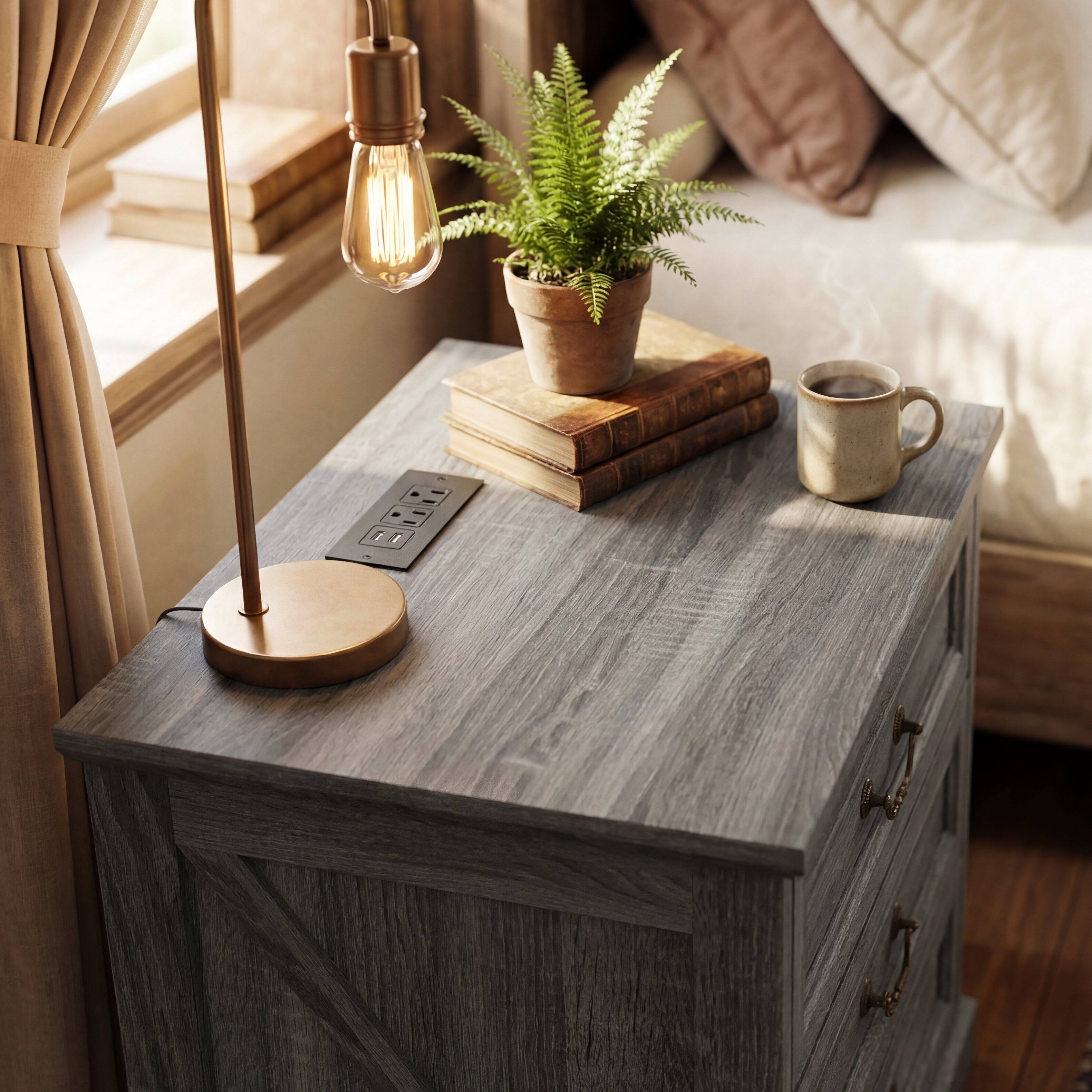 Alt View 4. Famapy - Farmhouse 3-Drawer Nightstand with AC & USB Charging Station, Rustic Wooden Bedside Table Storage Cabinet for Bedroom - Gray.