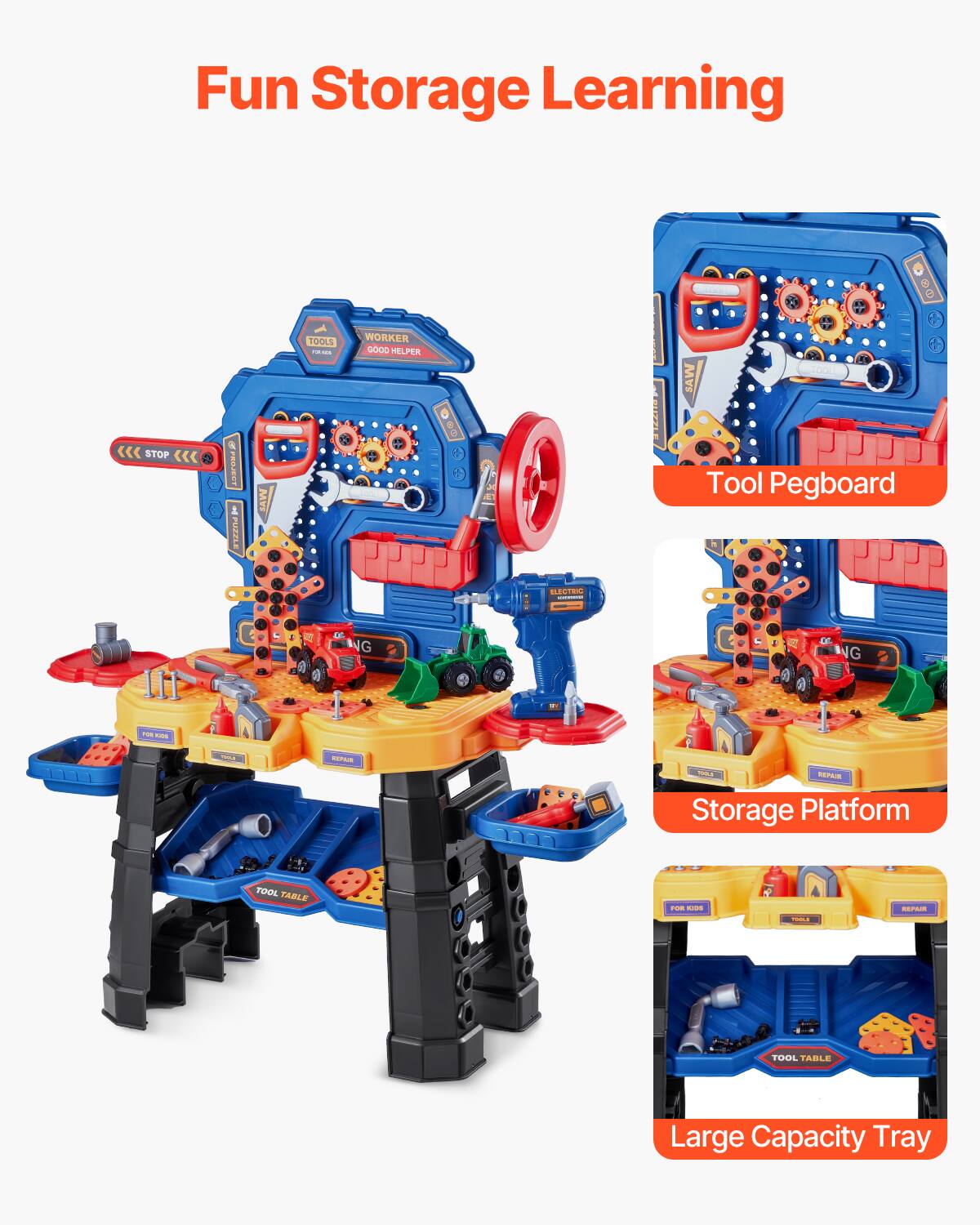 Fun Storage Learning

- WORKER GOOD HELPER
- STOP
- TOOL TABLE
- FOR KIDS
- REPAIR
- TOOL TABLE

Tool Pegboard

Storage Platform

Large Capacity Tray