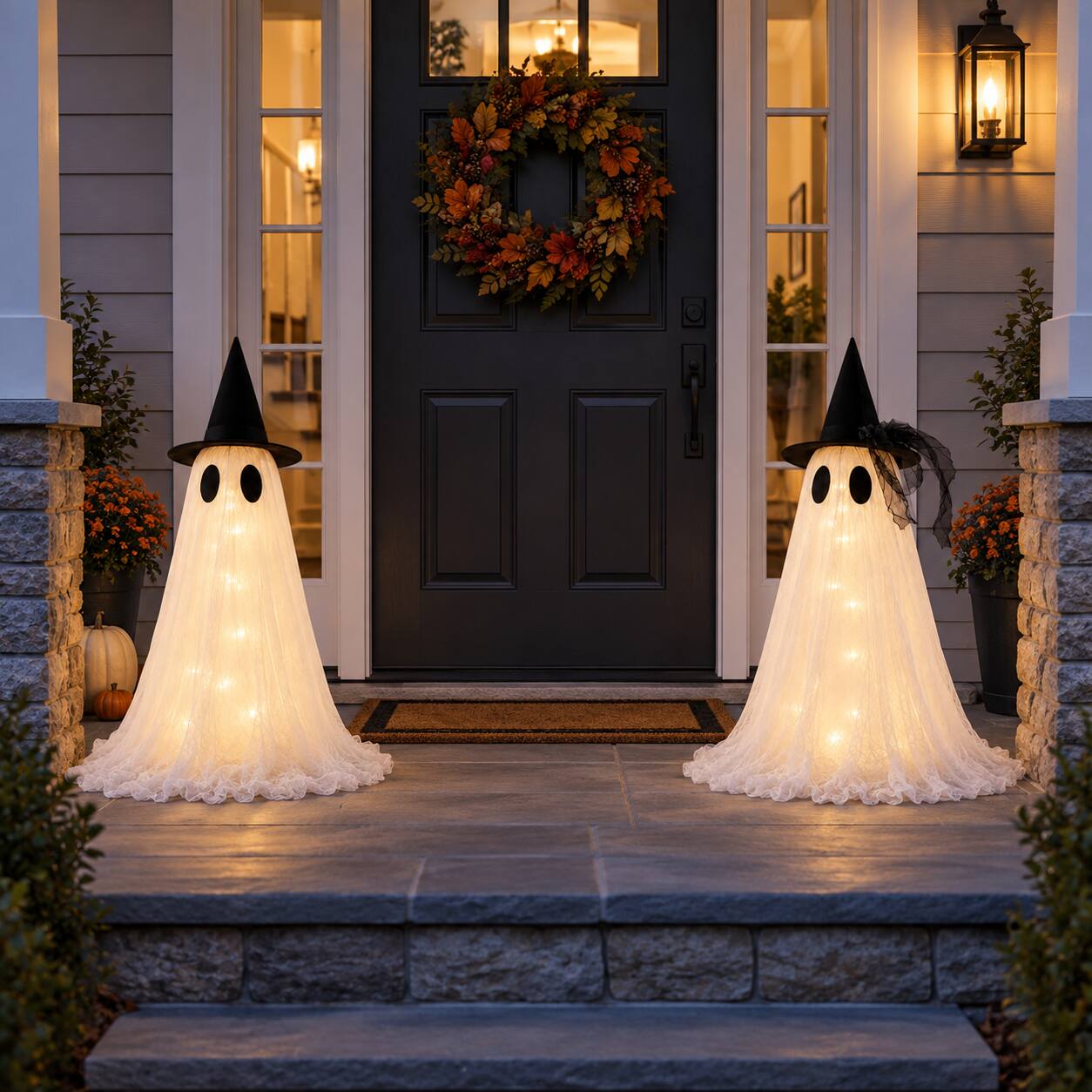 Angle. FASCINATE - 2-Pack 30-in Lighted Outdoor Halloween Witch Hat Ghosts with Remote 8 Lighting Modes Timer and Dual Power - White.