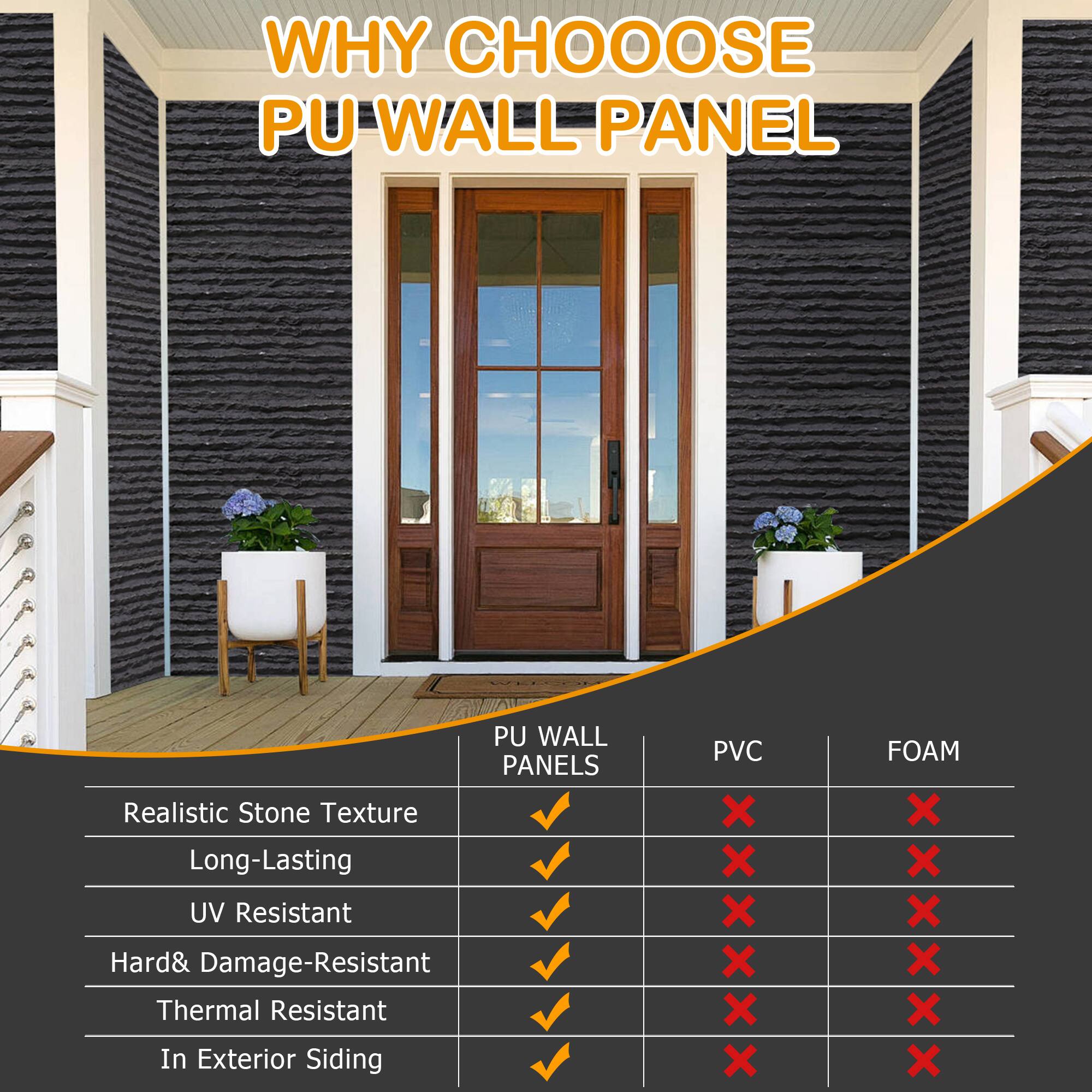 WHY CHOOSE PU WALL PANEL

PU WALL PANELS
- Realistic Stone Texture
- Long-Lasting
- UV Resistant
- Hard & Damage-Resistant
- Thermal Resistant
- In Exterior Siding

PVC
- X
- X
- X
- X
- X
- X

FOAM
- X
- X
- X
- X
- X
- X