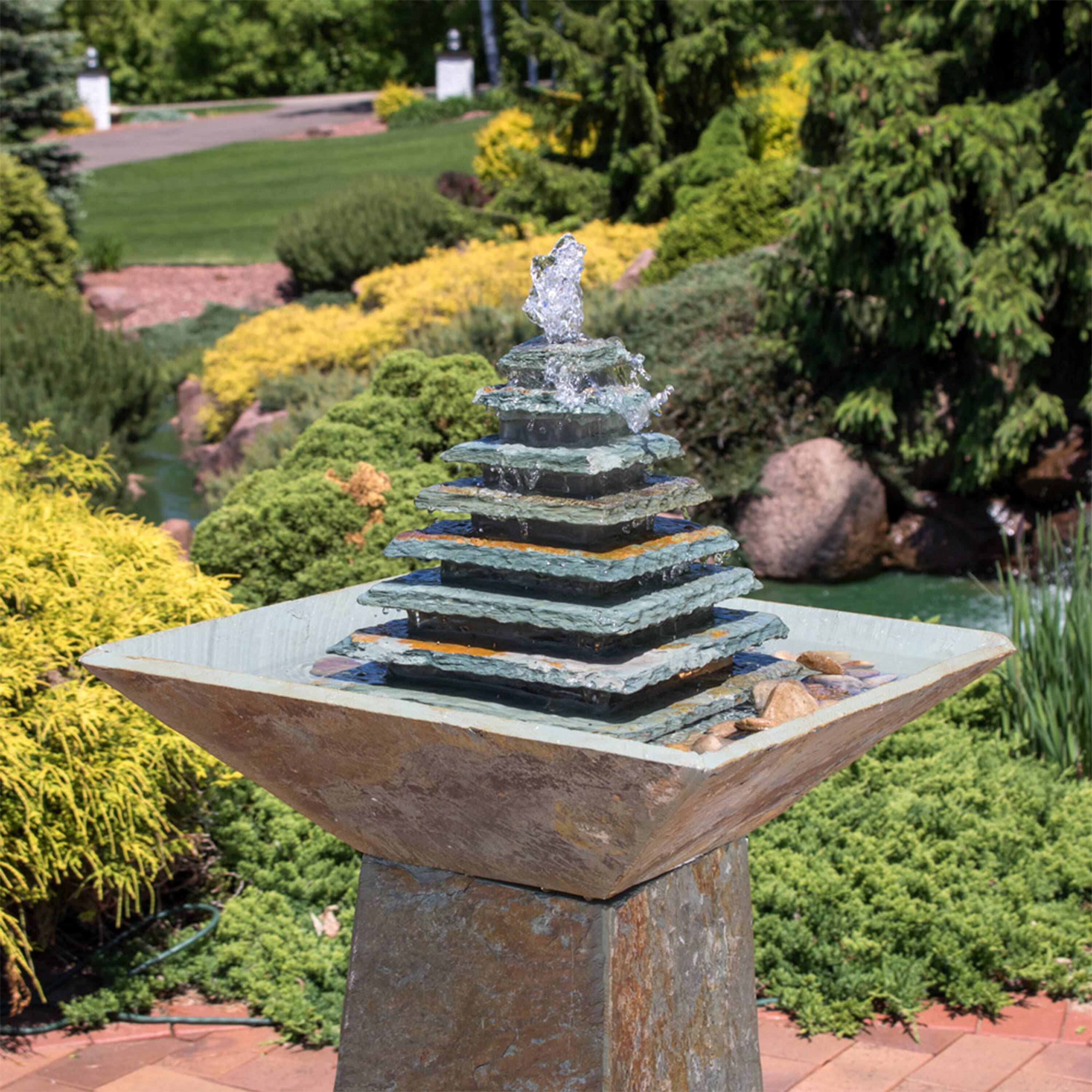 Alt View 9. Sunnydaze - Layered Slate Pyramid Water Fountain with LED Lights - 40 in - Grey.