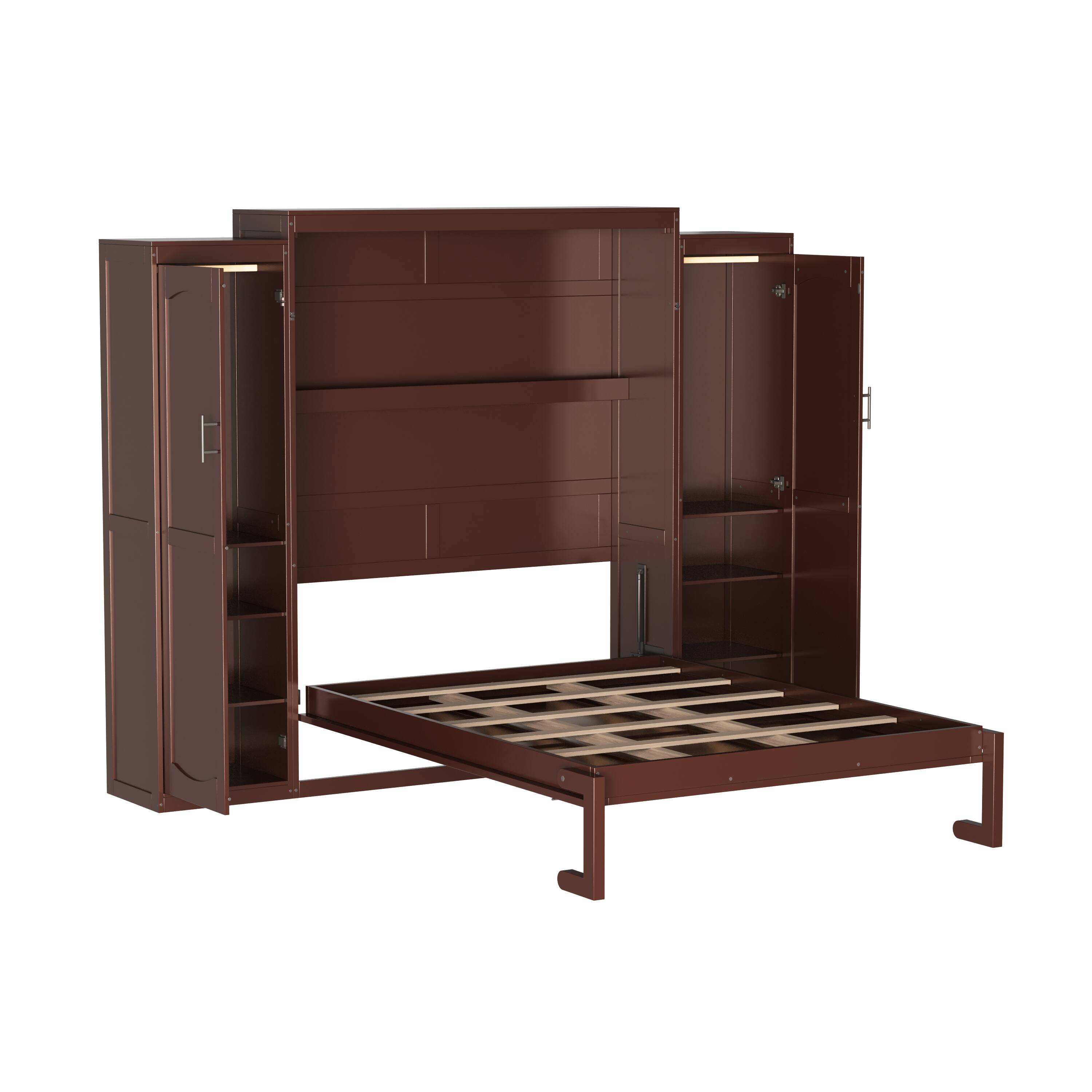 Alt View 4. Tiramisubest - Full Size Murphy Bed with 2 Wardrobe and Storage Shelf, Multifunctional Foldable Platform Bedframe, Walnut - Walnut.