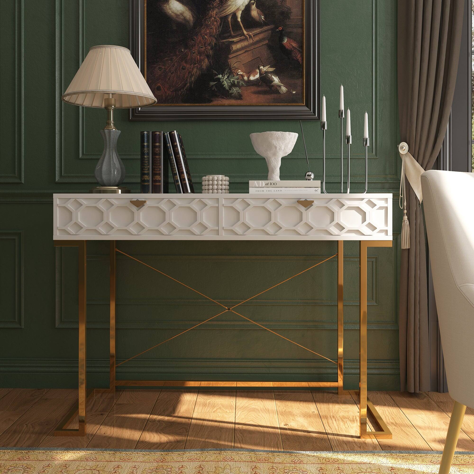 Alt View 7. Boyel Living - 42 in. Rectangular White Wood End Table Writing Desk with Metal Stand - White.