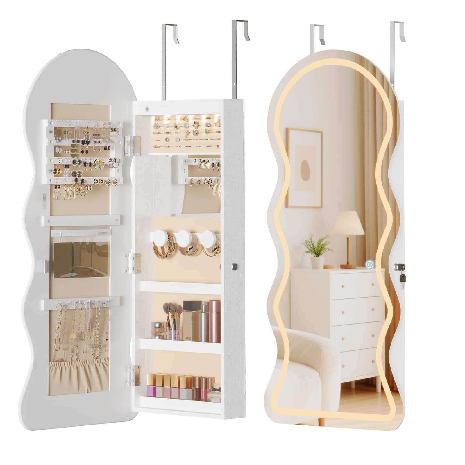 Cedar Assembly - Led Mirror Cabinet Wall door Mounted Organizer Aromire With Wavy Full Length Lockable Cosmetics Storage Int - White