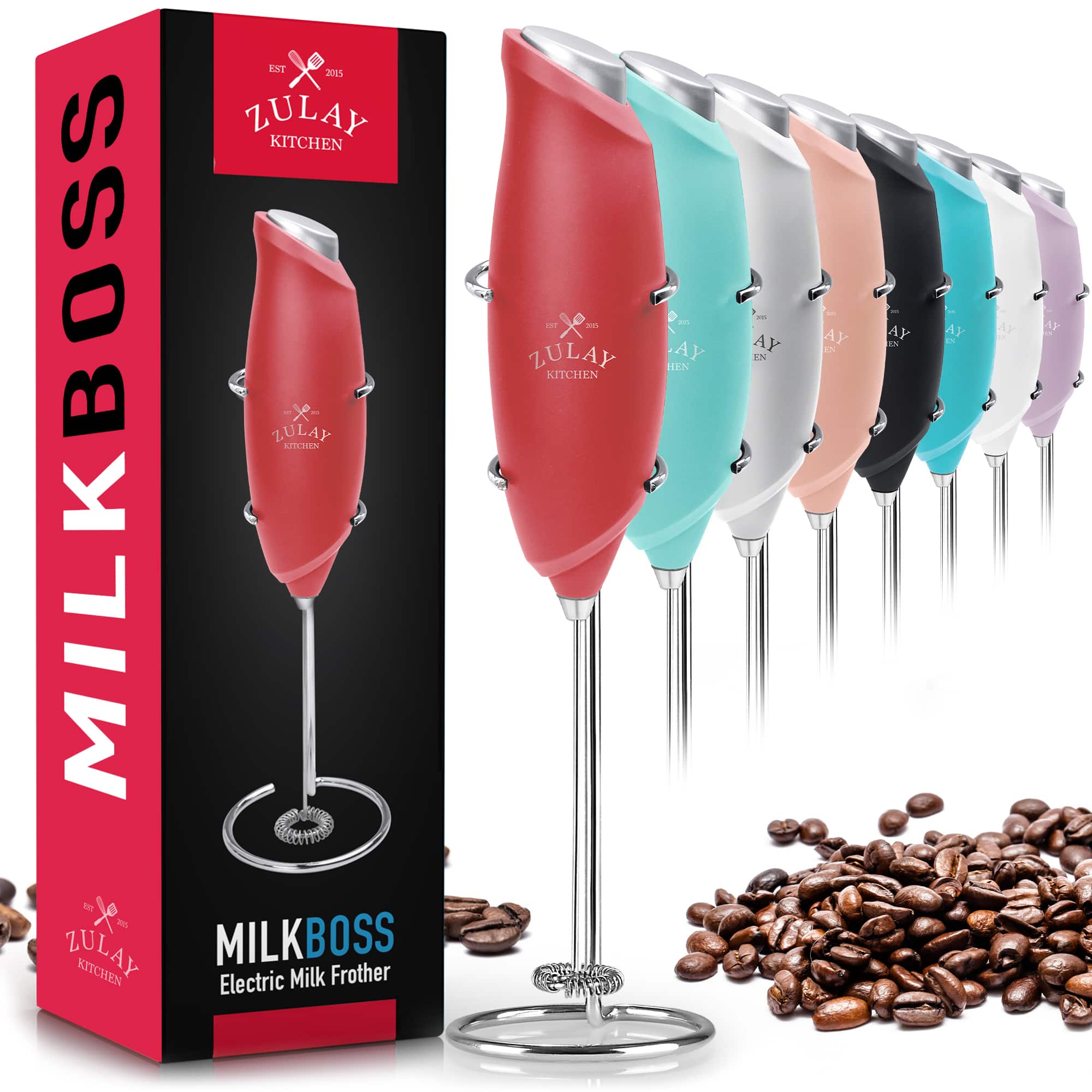 Zulay Kitchen - Premium One-Touch Milk Frother for Coffee - Easy-Use Frother Handheld Foam Maker - Cardinal Red