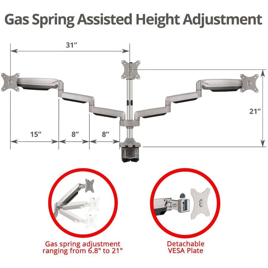 Gas Spring Assisted Height Adjustment

- Gas spring adjustment ranging from 6.8" to 21"
- Detachable VESA Plate

Dimensions:
- 31" (horizontal)
- 21" (vertical)
- 15" (horizontal arm)
- 8" (horizontal arm)
- 8" (horizontal arm)