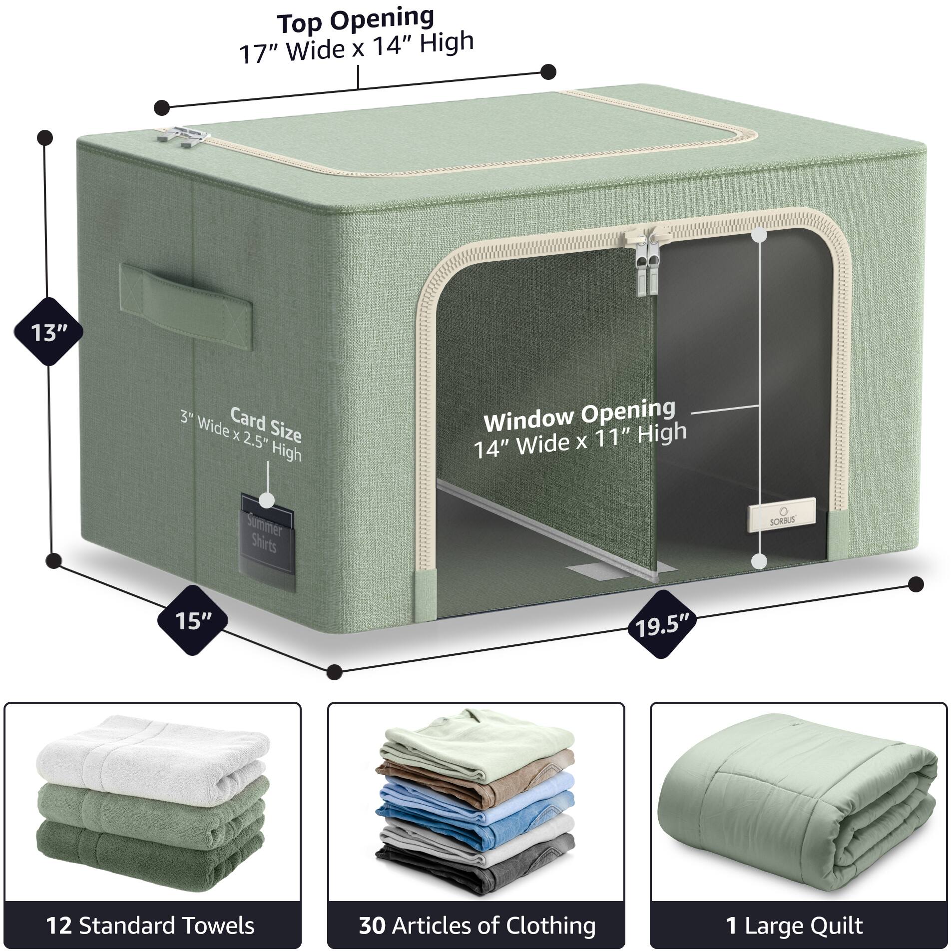 Top Opening  
17" Wide x 14" High  

Window Opening  
14" Wide x 11" High  

Card Size  
3" Wide x 2.5" High  

13"  
15"  
19.5"  

Summer Shirts  

12 Standard Towels  
30 Articles of Clothing  
1 Large Quilt