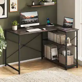 WELLFOR - 48 inch L Shaped Desk with Storage Shelves & Power Outlet, Reversible Computer Desk for Home Office,Gaming & Writing - Gray