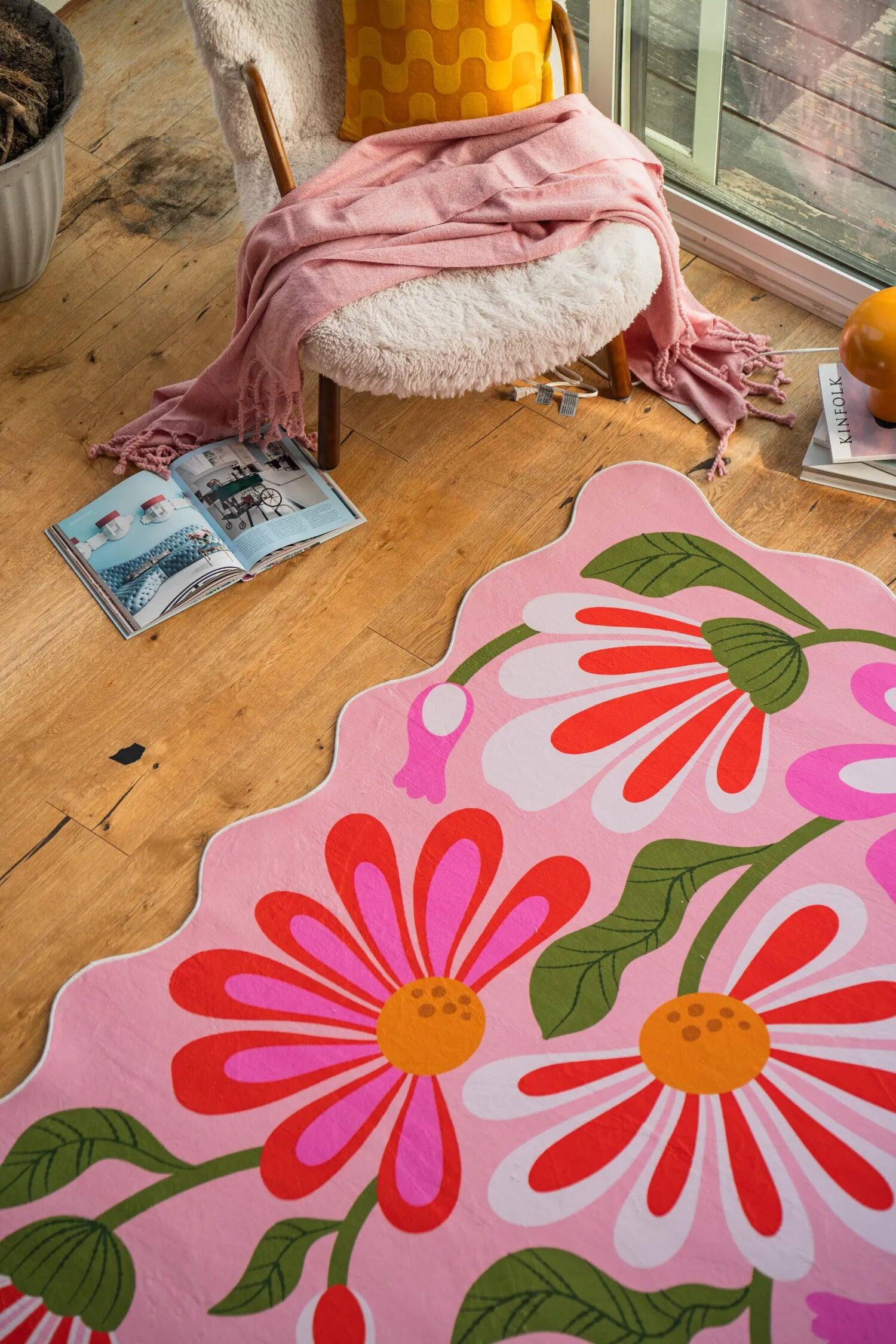 Alt View 1. Lanyspace - 7'x10' Area Rug, Washable Rugs, Non-Slip and Tear-Resistant Soft Carpet, Pink Base Pink Floral Wavy Rug for Home Decor - Multicolor.