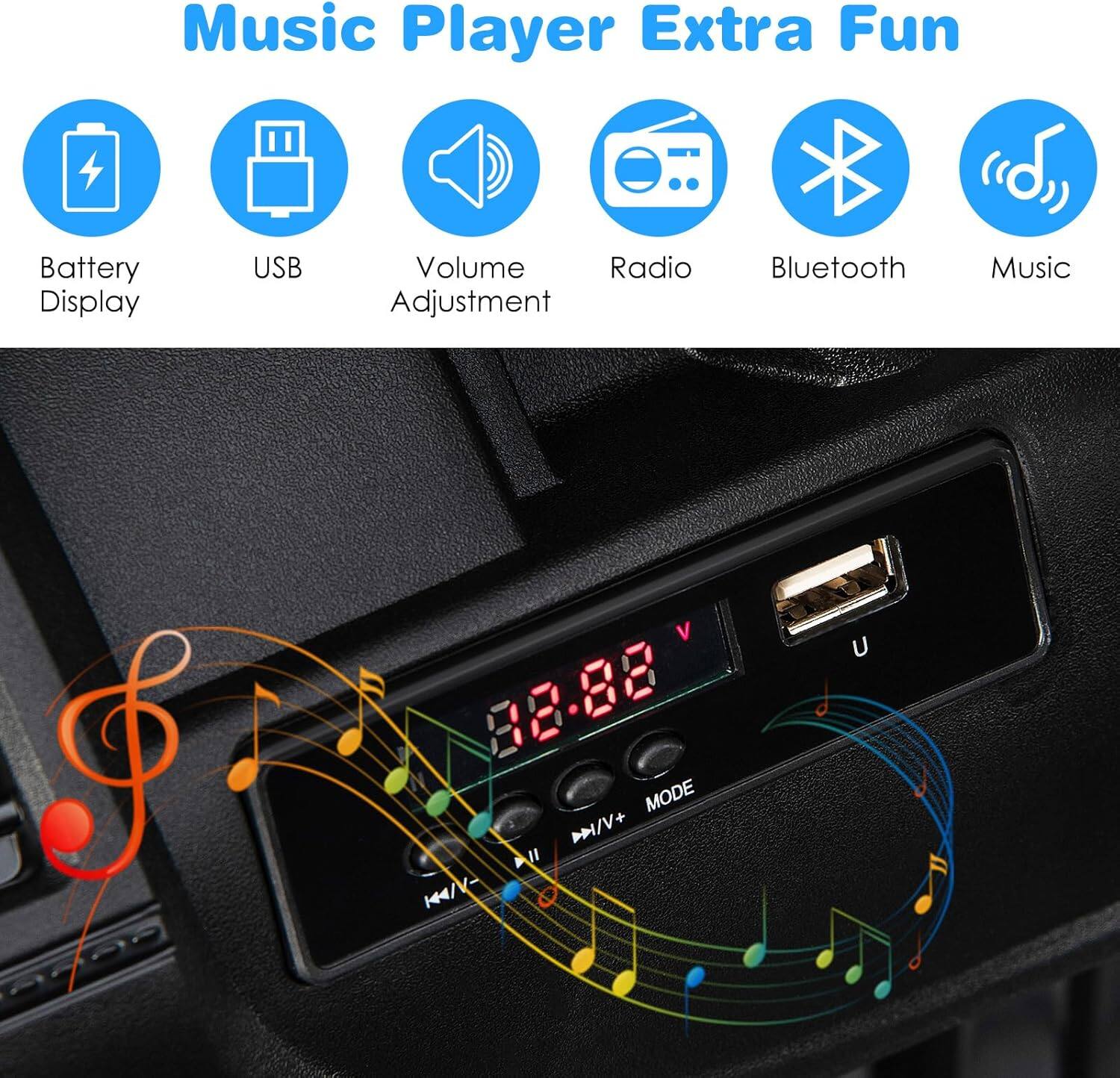 Music Player Extra Fun

- Battery Display
- USB
- Volume Adjustment
- Radio
- Bluetooth
- Music

88.88 V

MODE D/V+