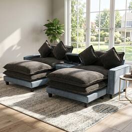 Whisen - 111" Chenille Sectional Sofa with Ottomans and Large Storage Box for Living Room - Light Blue|Grey