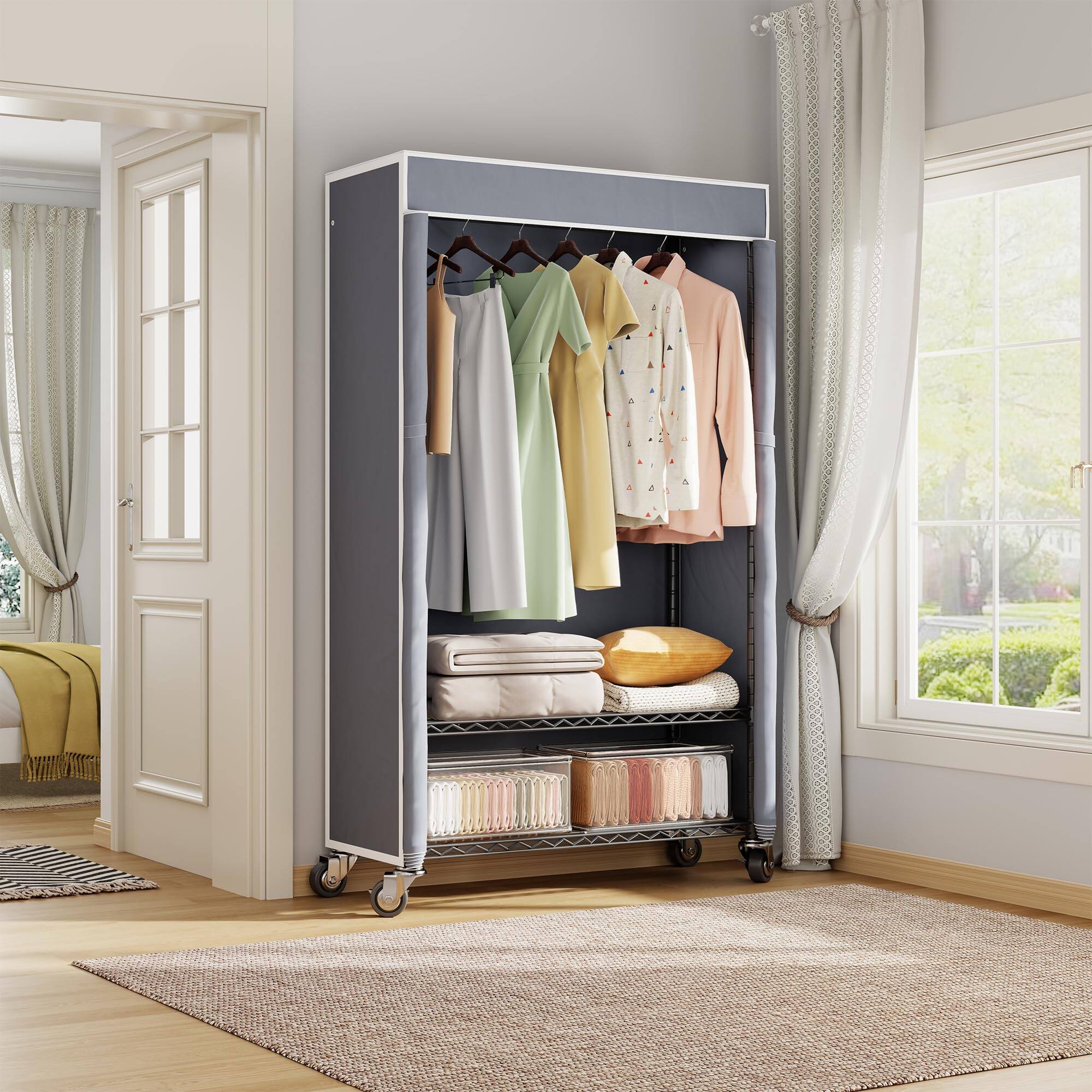 Alt View 7. Hirose Alice - H4 Heavy Duty Clothes Rack with Cover  Rolling Garment Rack on Wheels  Closet for Hanging Clothes  Clothing - Black Rack with Black Cover H4 Plus.