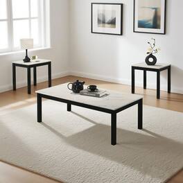 Vaczon - 3-Piece Table Set, Faux Marble Top Coffee Table & End Tables with Solid Wood Legs, Modern Living Room Furniture - White