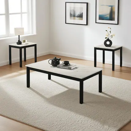 Front. Parrot Uncle - 3-Piece Table Set, Faux Marble Top Coffee Table and End Tables with Solid Wood Legs, Modern Living Room Furniture - White.