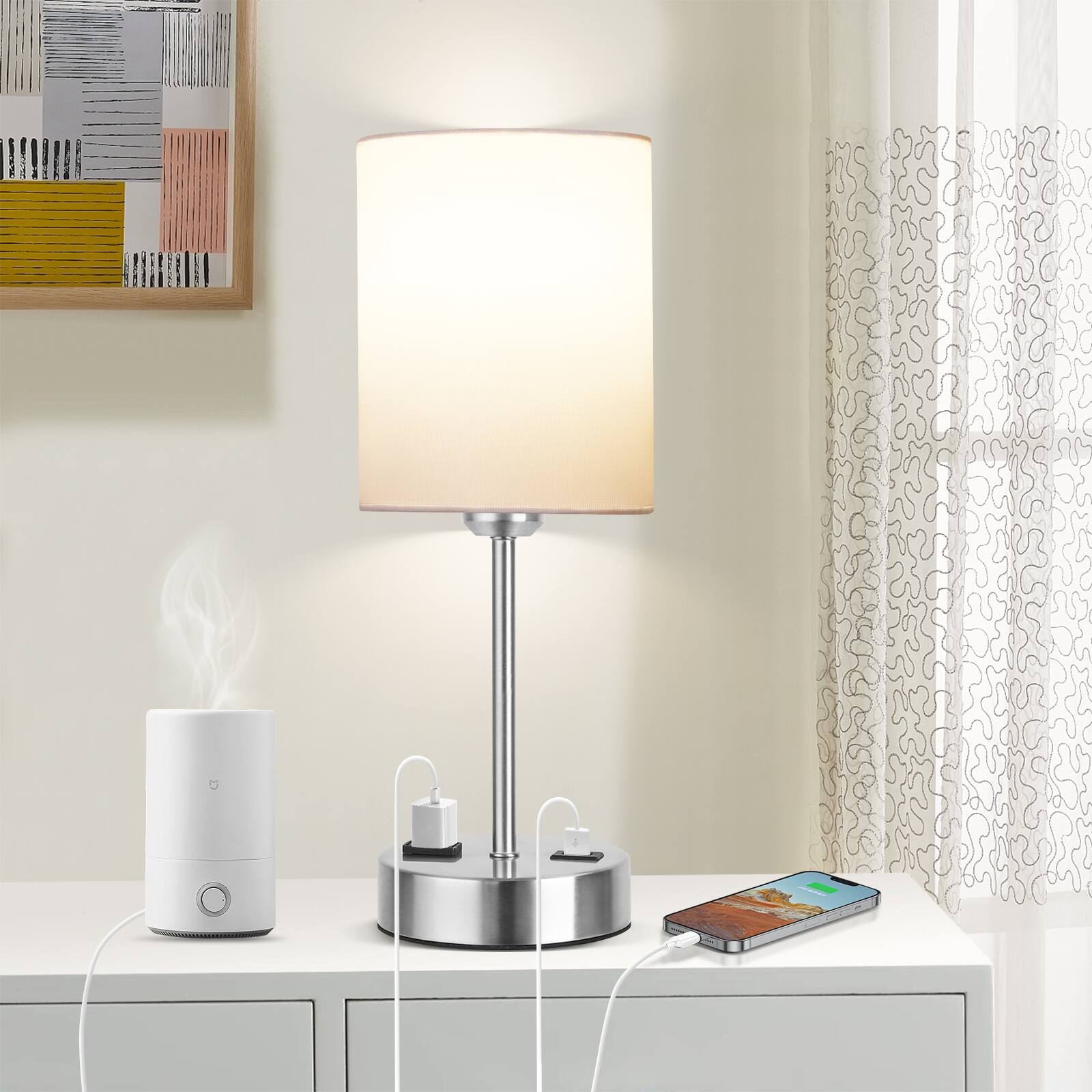 Left. partphoner - Set of 2 Touch Control Table Lamps with 2 USB Charging Ports - White.