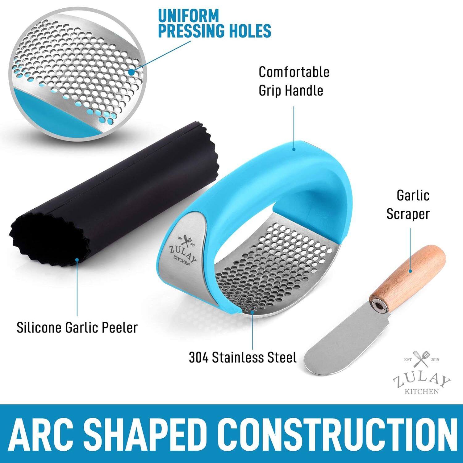 UNIFORM PRESSING HOLES, Comfortable Grip Handle, Garlic Scraper, Silicone Garlic Peeler, 304 Stainless Steel, ARC SHAPED CONSTRUCTION