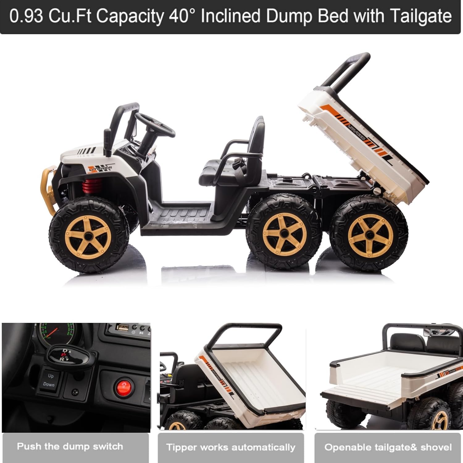 0.93 Cu.Ft Capacity 40° Inclined Dump Bed with Tailgate

- Push the dump switch
- Tipper works automatically
- Openable tailgate & shovel