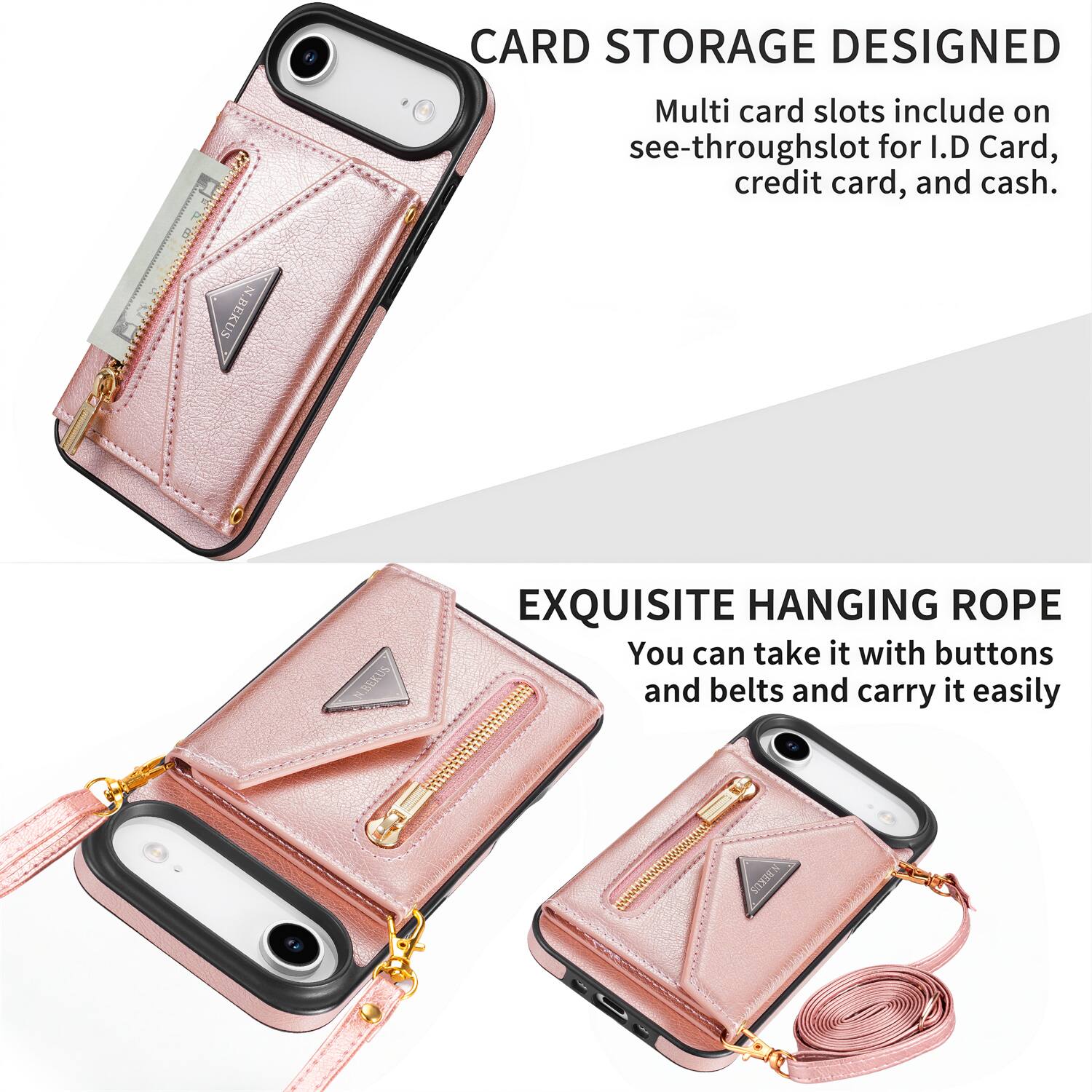 CARD STORAGE DESIGNED  
Multi card slots include on see-through slot for I.D Card, credit card, and cash.

EXQUISITE HANGING ROPE  
You can take it with buttons and belts and carry it easily
