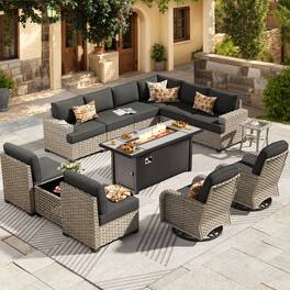 Ovios - 13 PCS Outdoor Patio Furniture Sectional Sofa Set with Swivel Chairs & 54“ Fire Pit Table - Black