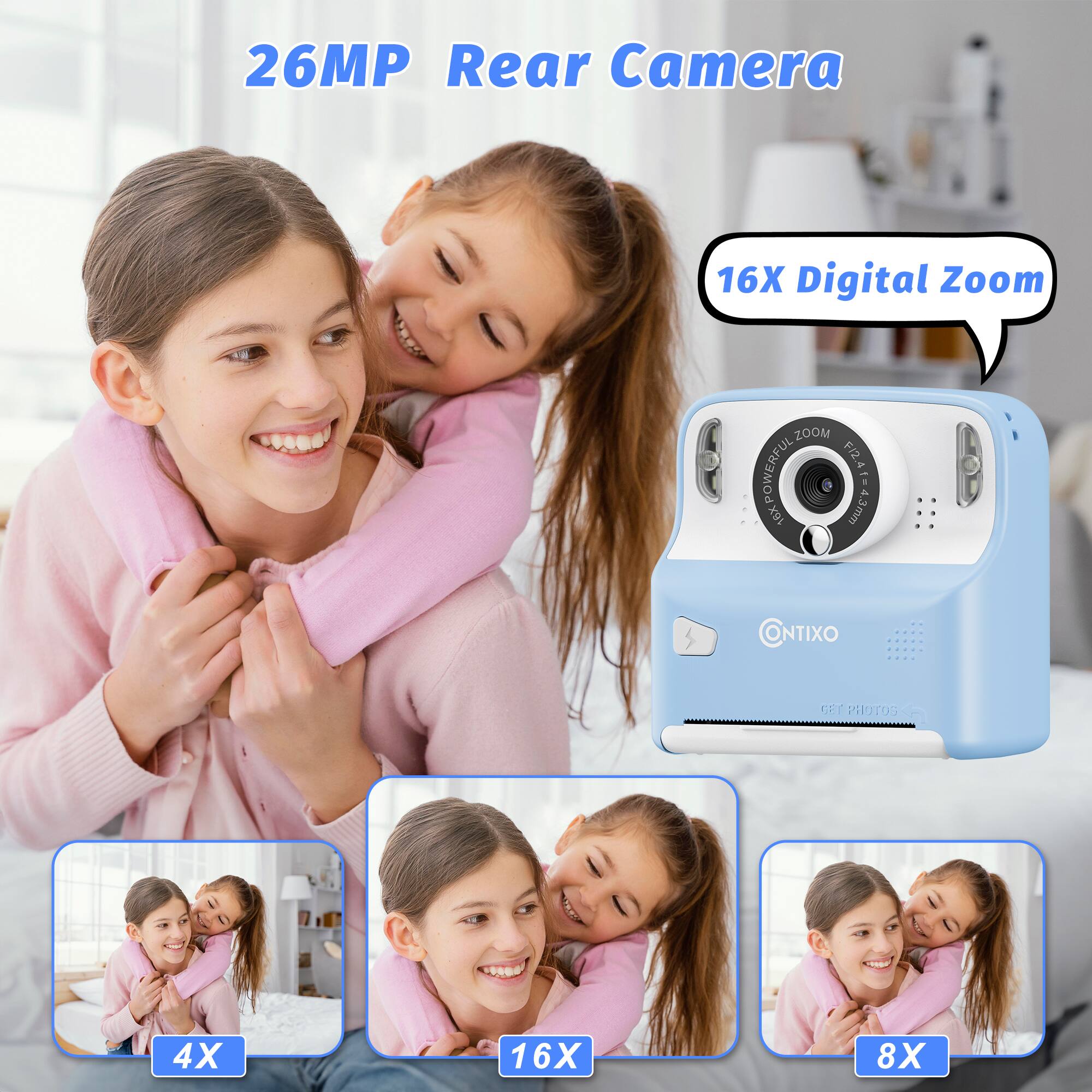The text on the image reads "26MP Rear Camera 16X Digital Zoom ZOOM POWERFUL (2.4 2 - 1 16X A.3.mm CNTIXO G:T PHOTOS 4X 16X 8X." This can be grouped as "26MP Rear Camera 16X Digital Zoom ZOOM POWERFUL."