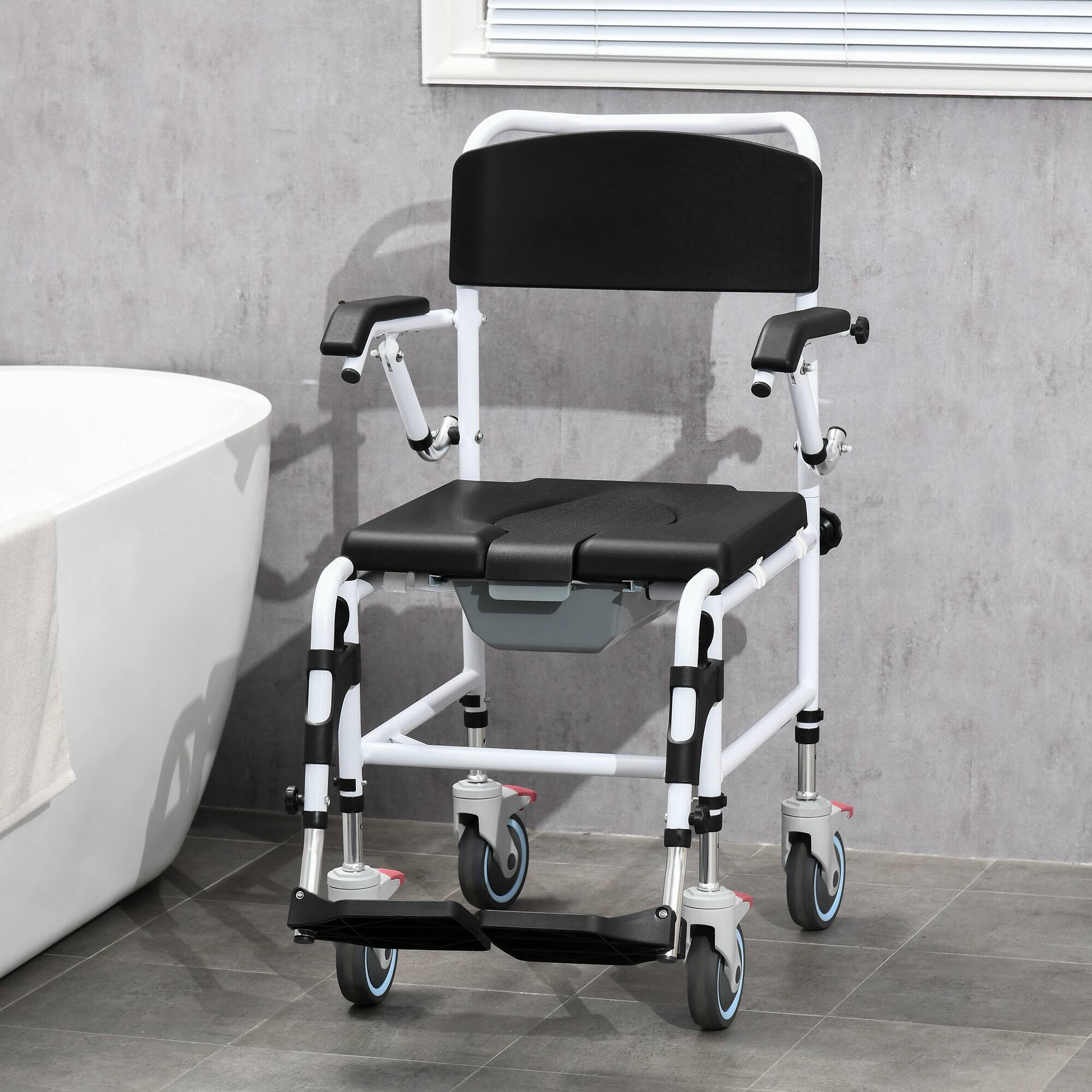 Alt View 1. Homcom - Accessibility Commode Wheelchair, Rolling Shower Wheelchair with 4 Castor Wheels, Rectangle Detachable Bucket - Black.