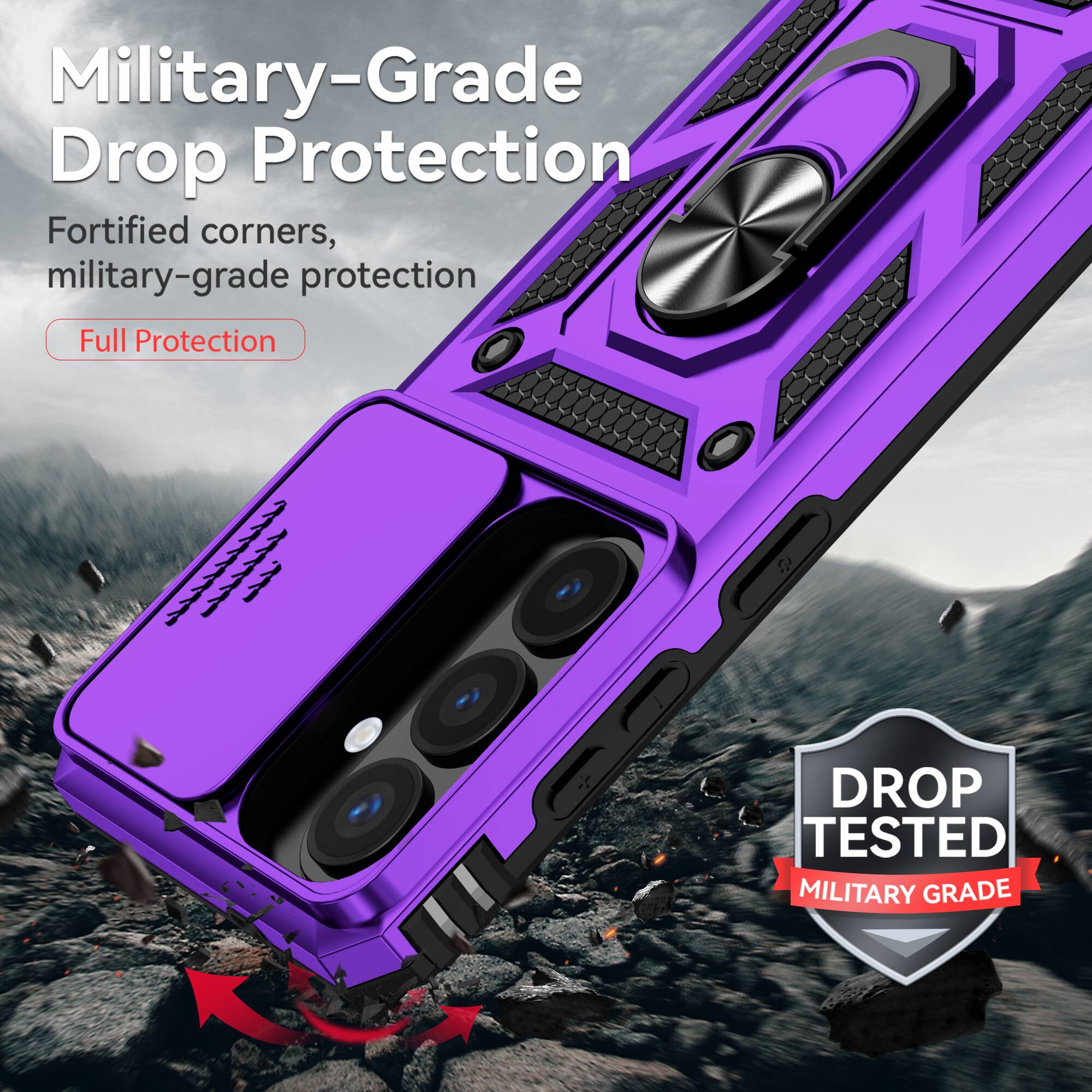Military-Grade Drop Protection  
Fortified corners, military-grade protection  
Full Protection  

DROP TESTED  
MILITARY GRADE