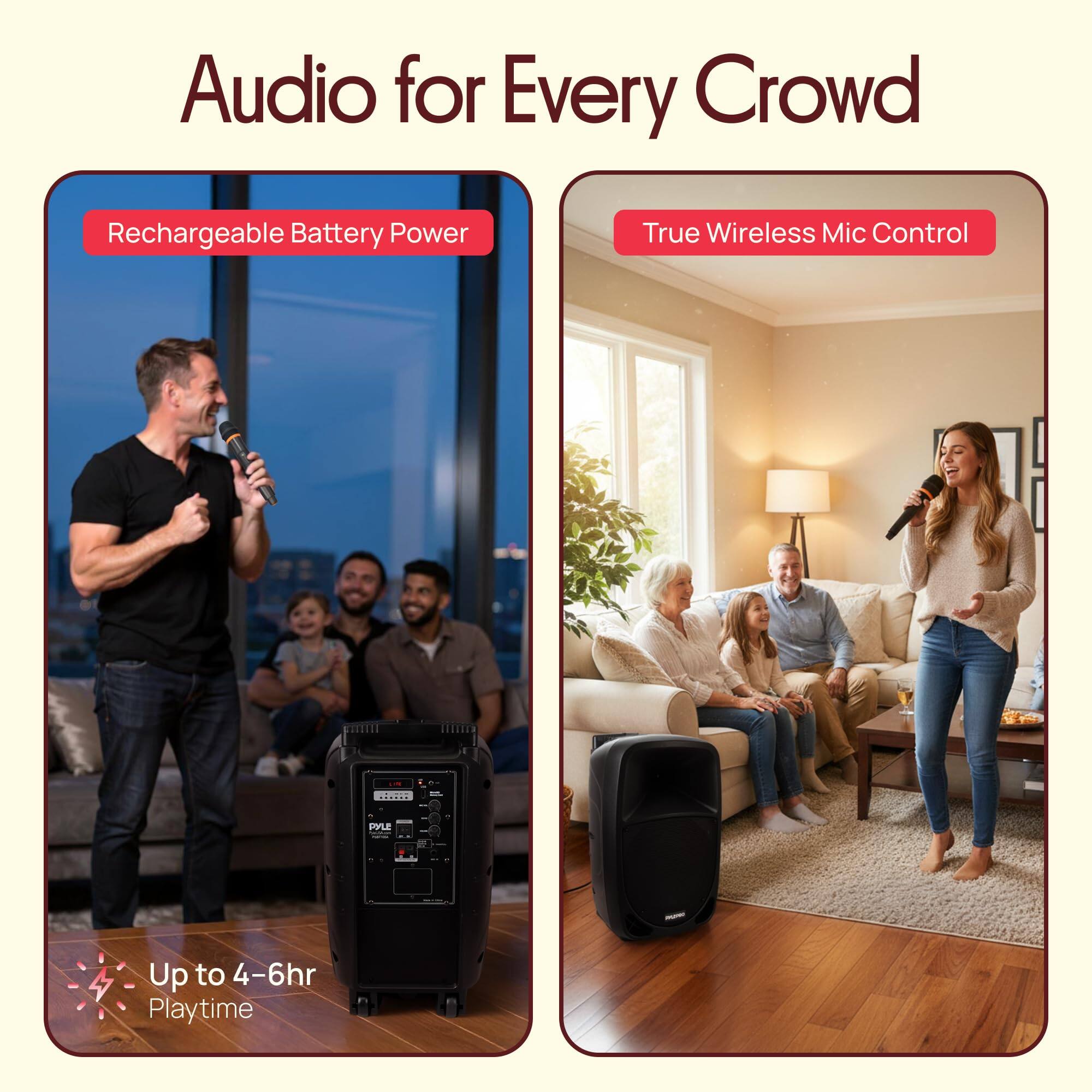 Audio for Every Crowd

Rechargeable Battery Power

True Wireless Mic Control

Up to 4-6hr Playtime