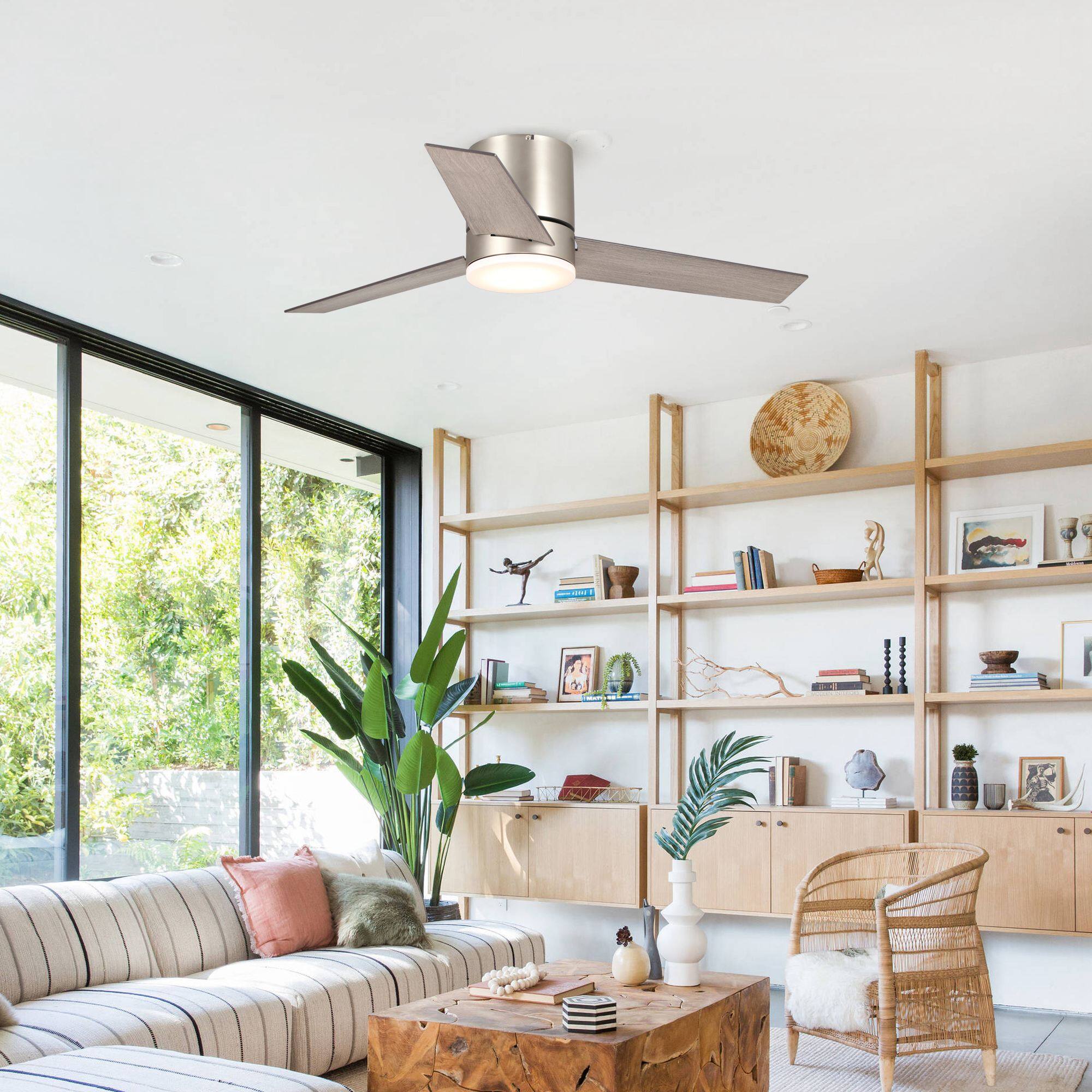 Left. Parrot Uncle - 48" Modern 3-Blade Wooden Flush Mount Ceiling Fans with Light and Remote - Nickel.