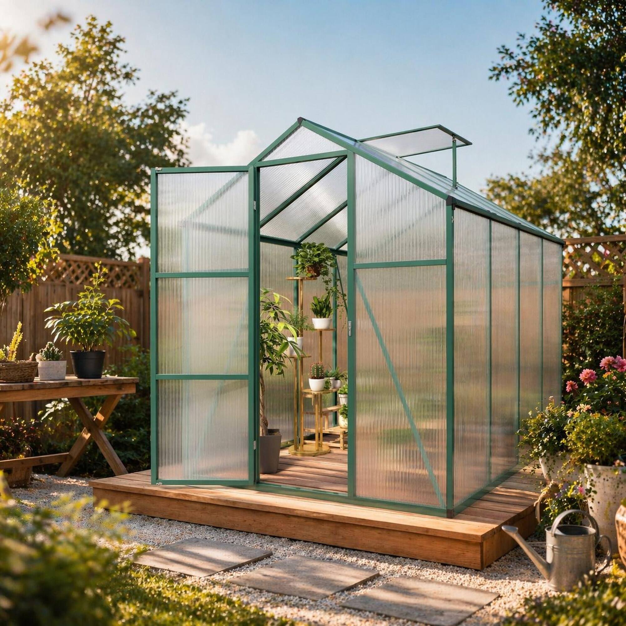 Back. RYHNUYNE - 6x8 ft Polycarbonate Greenhouse, Heavy Duty Aluminum Frame, Walk-in Garden Kit, All Season.