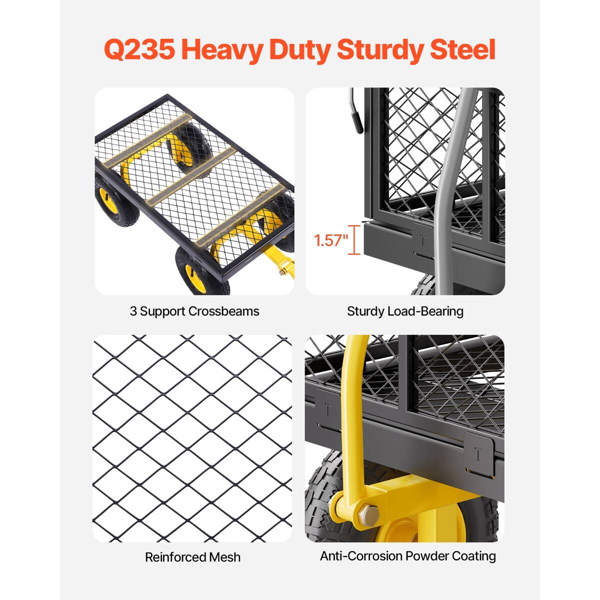 Q235 Heavy Duty Sturdy Steel

1.57" I

3 Support Crossbeams

Sturdy Load-Bearing

Reinforced Mesh

Anti-Corrosion Powder Coating