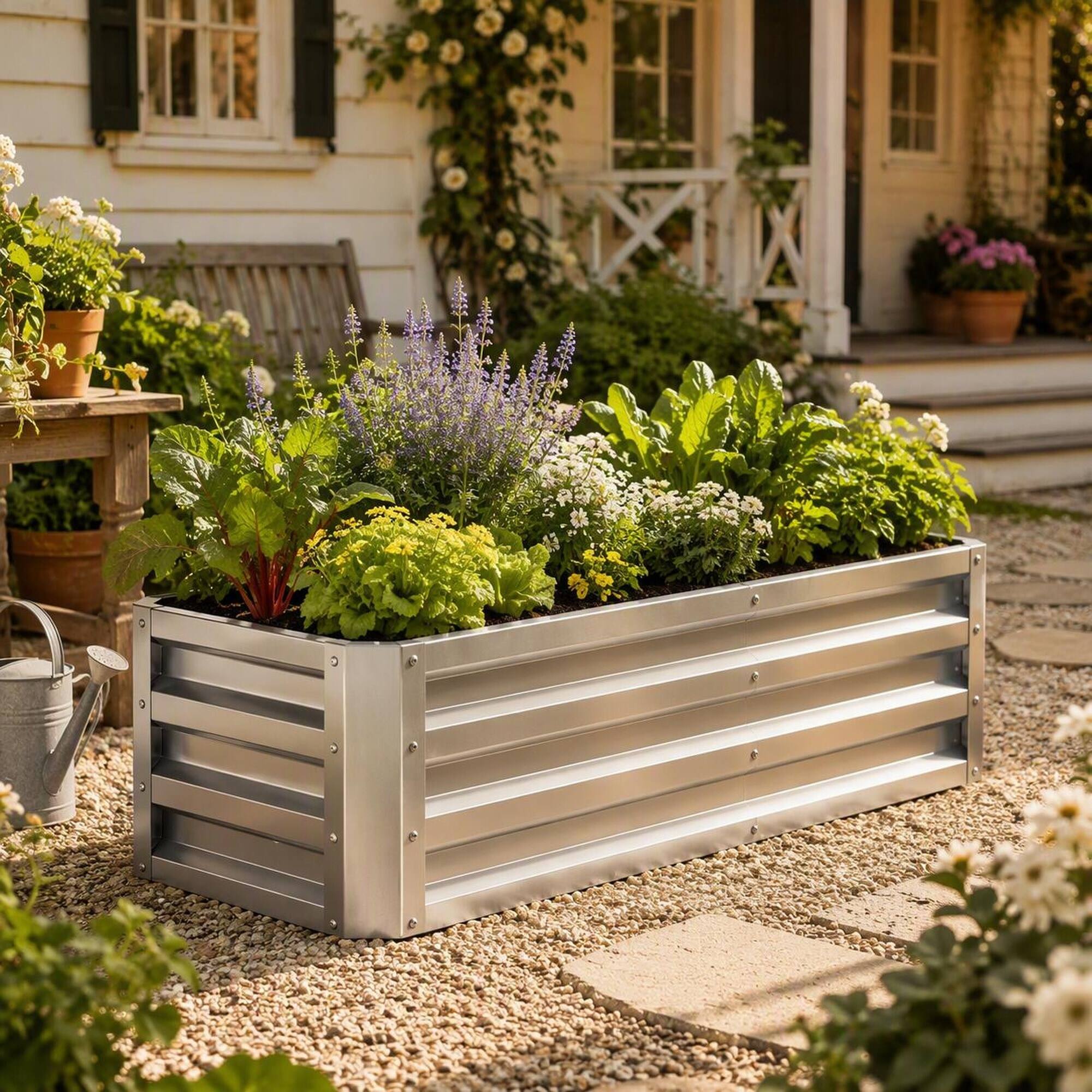 Left. RYHNUYNE - Galvanized Steel Raised Garden Bed 4x2x1 ft Outdoor Metal Planter Box for Vegetables Flowers Herbs and Succulents - Silver.