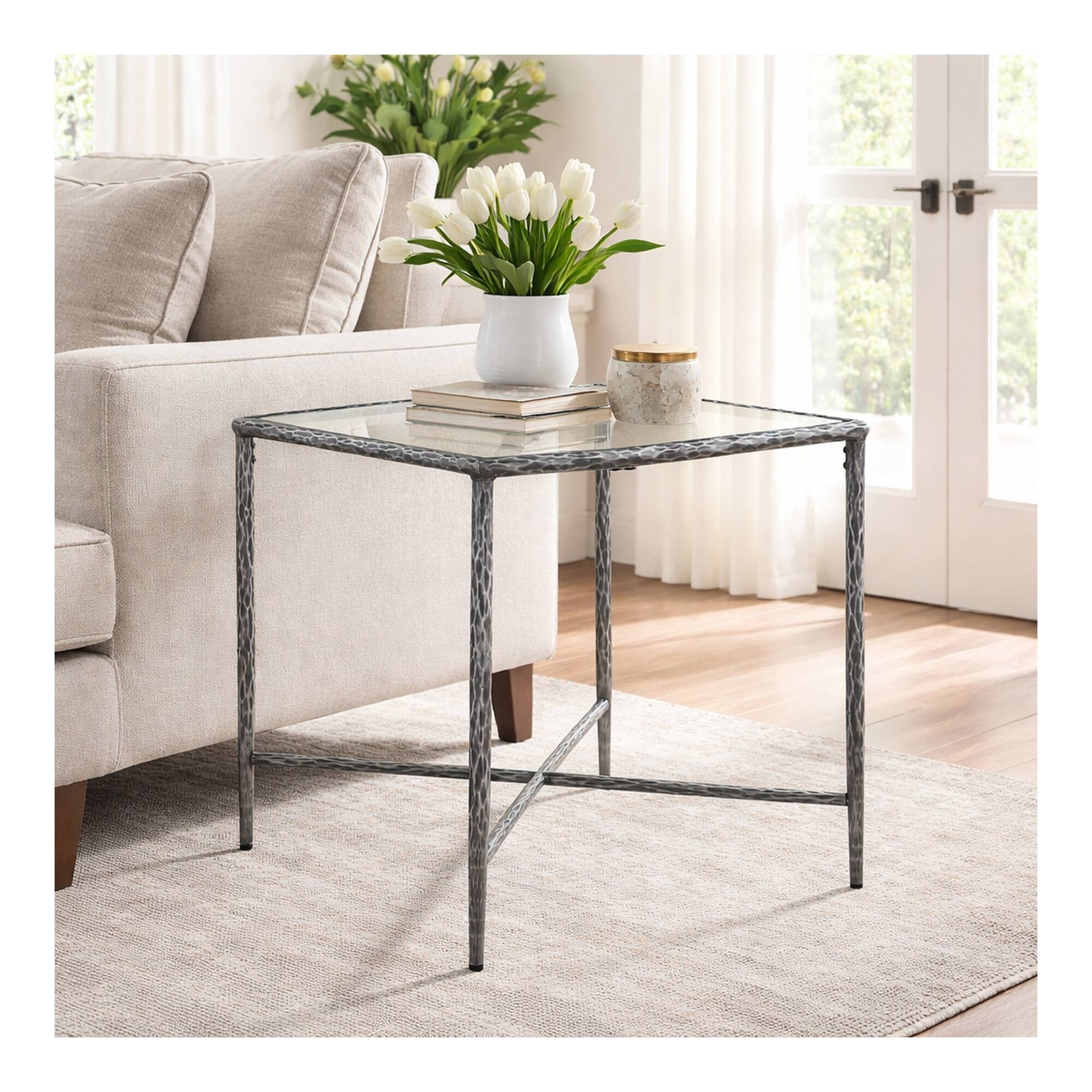 Alt View 3. Boyel Living - Square Hammered Metal End Table with Tempered Glass Top - Gunmetal.