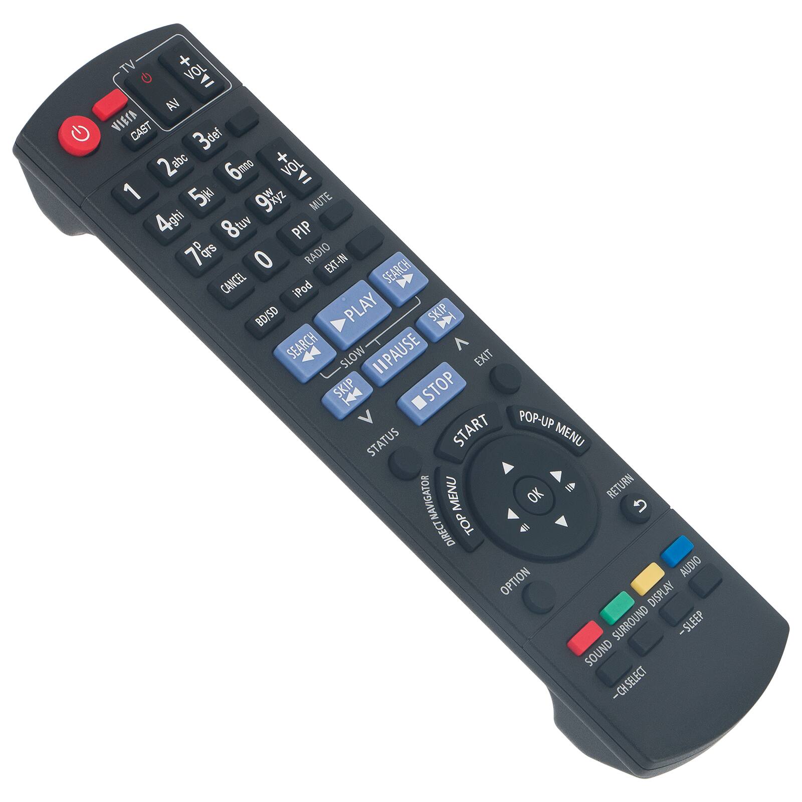 TV + G VOL IA AN VEI CAST 3def def abc + 6mno VOL = 1 5 bC 9y2 xyz MUTE 4ghi 8tuv tuv PIP 7ors p qrs 0 RADIO EXT-IN SEARCH CANCEL iPod BD/SD PLAY SKIP D SEARCH A SLOW IIPAUSE EXIT SKIP K STOP V POP-UP STATUS START MENU NAVIGATOR MENU OK RETURN DIRECT TOP 4 AUDIO OPTION DISPLAY SURROUND -SLEEP SOUND -CH SELECT