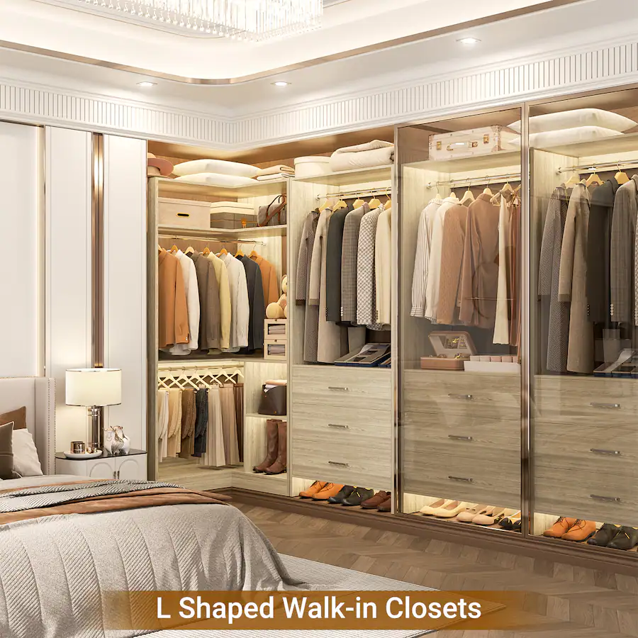 Aheaplus Corner Wardrobe Closet System With 3 Drawers, 2 Hanging Rods ...