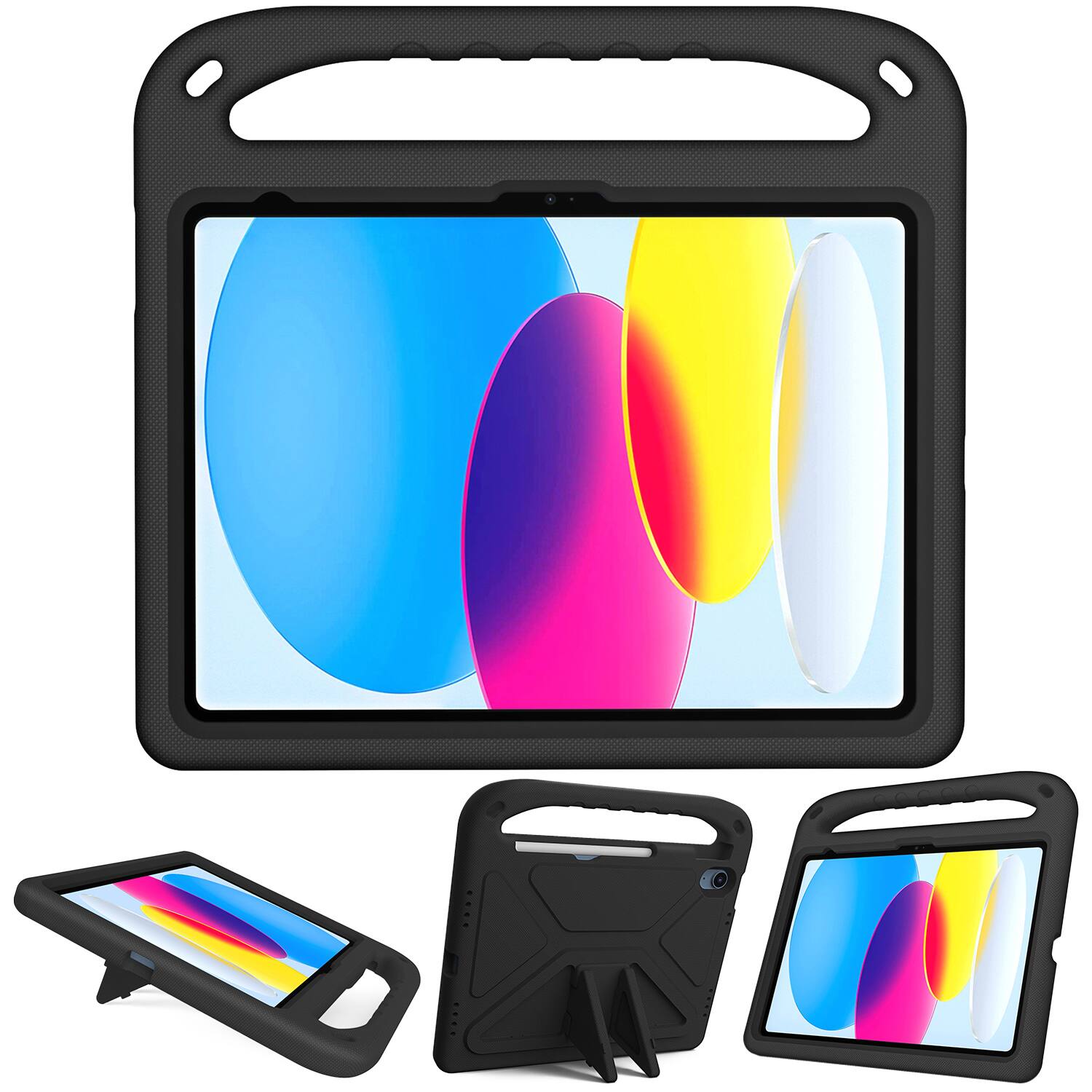Angle. Dteck - For Apple iPad (A16) 11" 2025/iPad 10th 2022 Rugged Case Kids Friendly EVA Handle Grip Pencil Holder Kickstand Cover - Black.