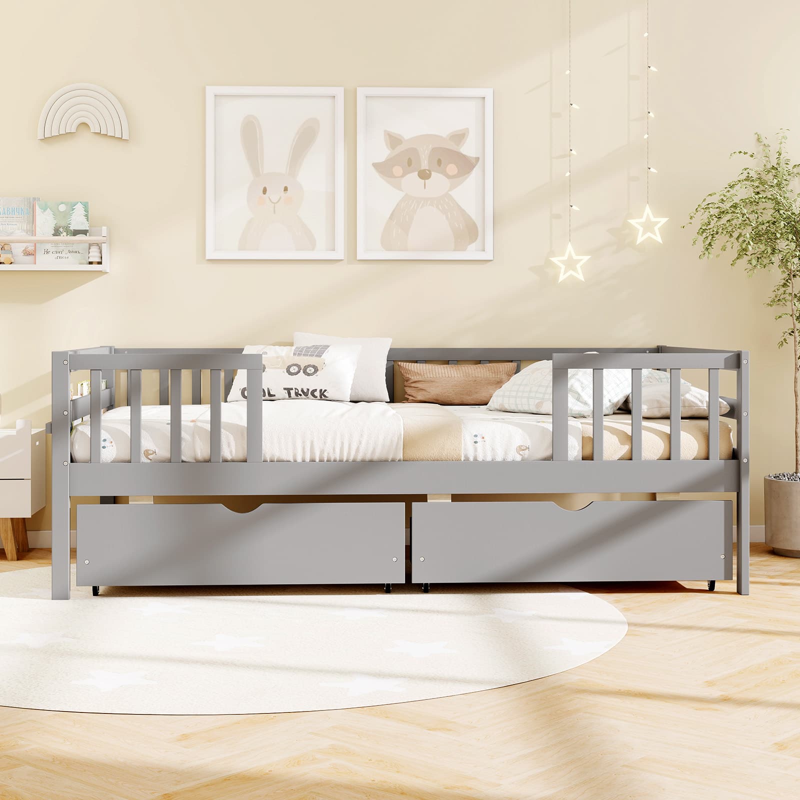 Gymax Twin Size Kids Bed w/Storage 2 Pull out Drawers Side Shelf