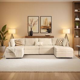 Ovios - 130.7" Modular Sectional Sofa, U Shaped Comfy Couch with Ottoman for Living Room - Beige